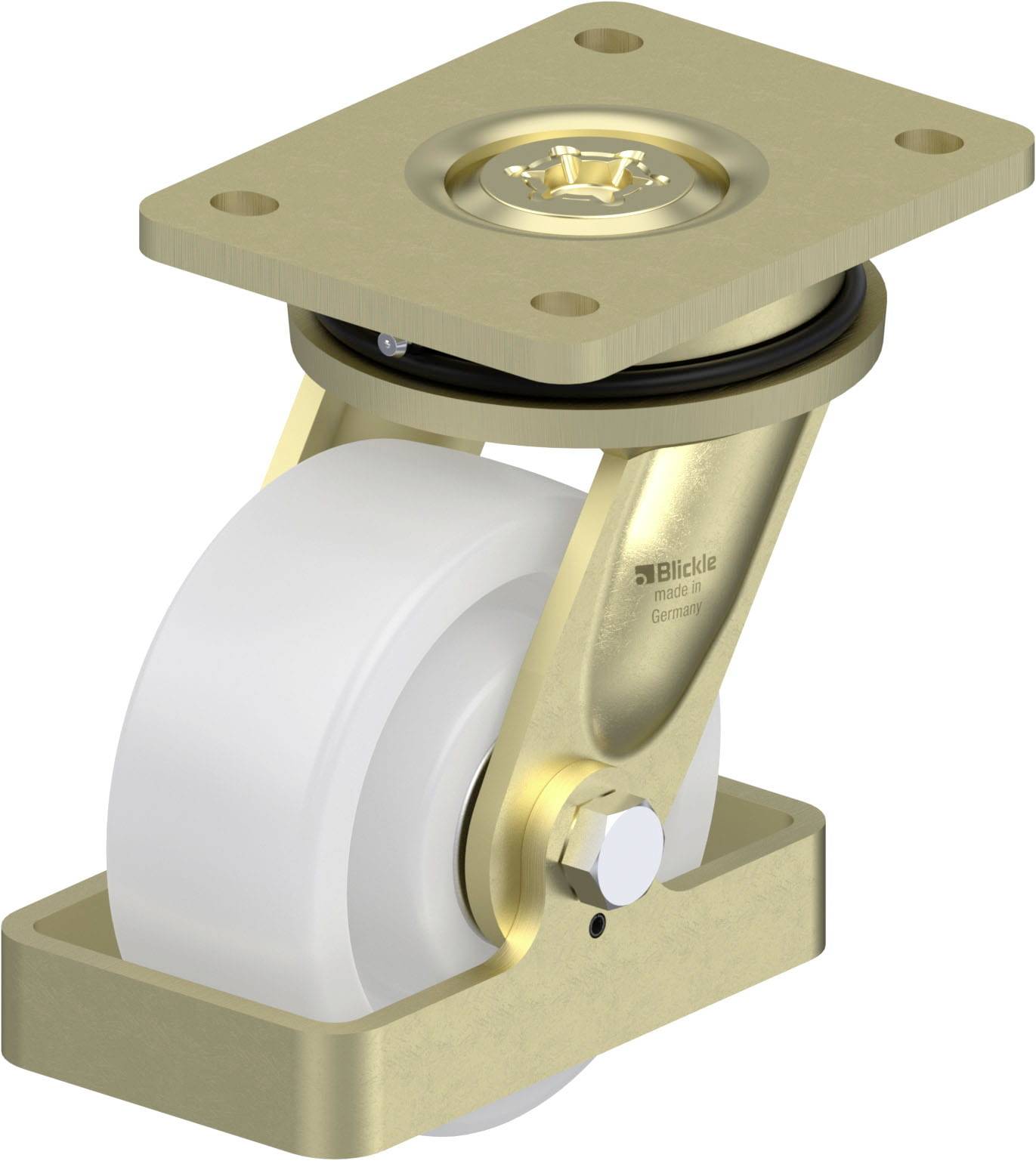 Schwenkrolle aus Metall mit weißem Rad, goldfarbenem Gehäuse und quadratischer Montageplatte. Typ: Blickle.