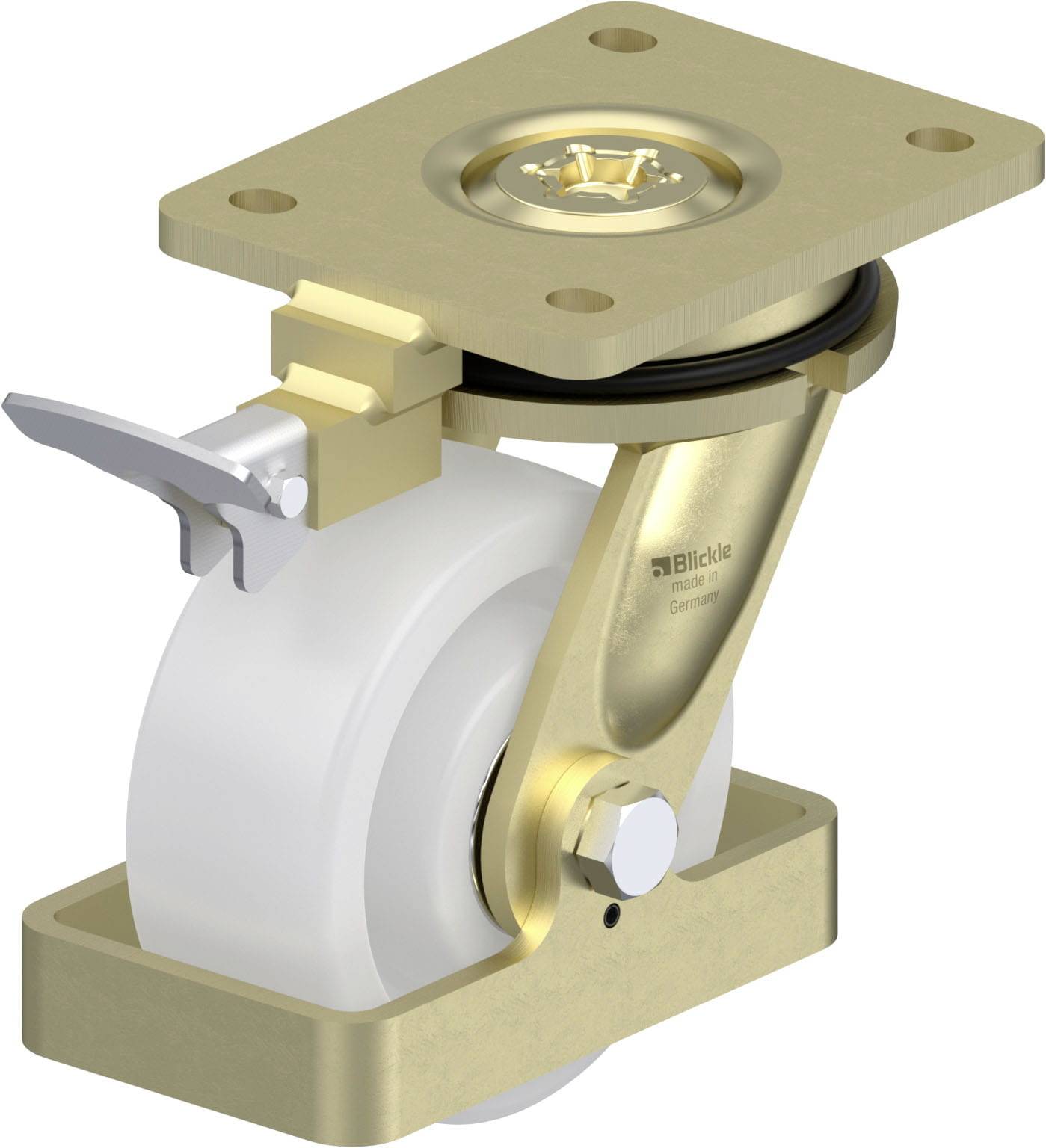 Schwenkrolle mit Bremse und weißem Rad.