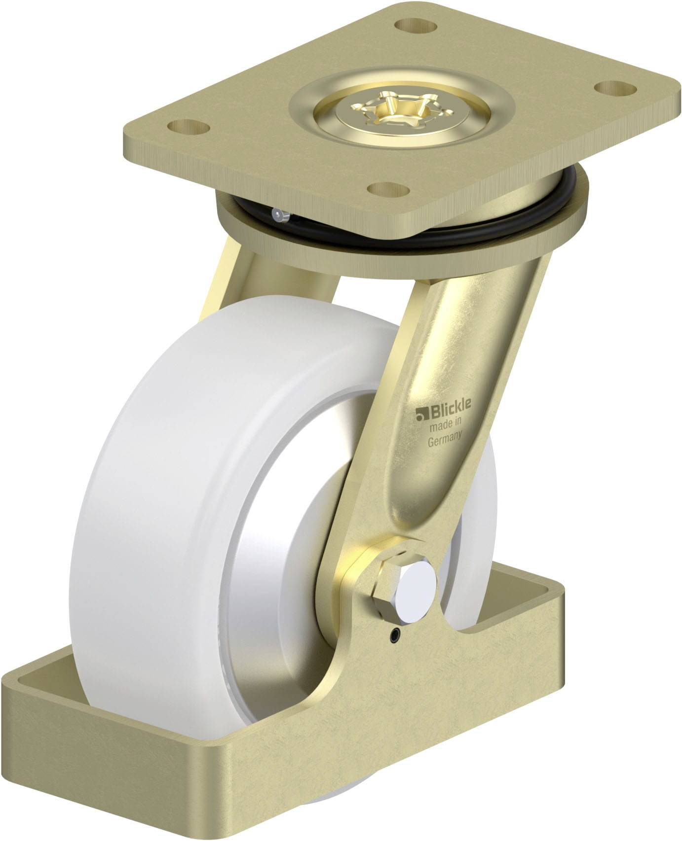 Schwenkrolle aus Metall mit weißem Rad, montiert auf einer quadratischen Platte. Geeignet für Transportlösungen oder Möbelbewegung.