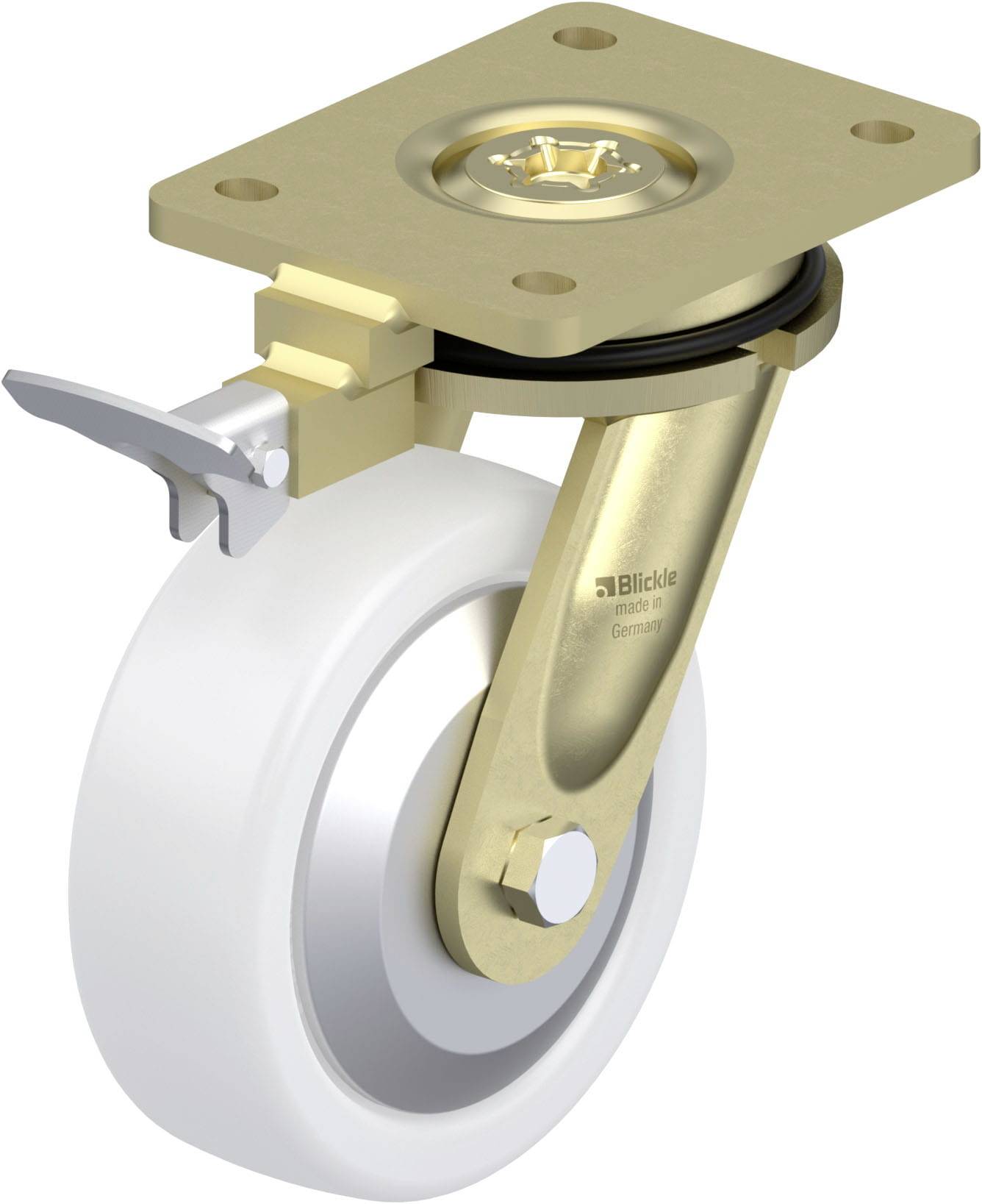 Ein Bockrad mit goldener Halterung und weißem Rad, geeignet für Transportgeräte. Die Halterung hat einen Stopper zur Blockierung der Rolle.