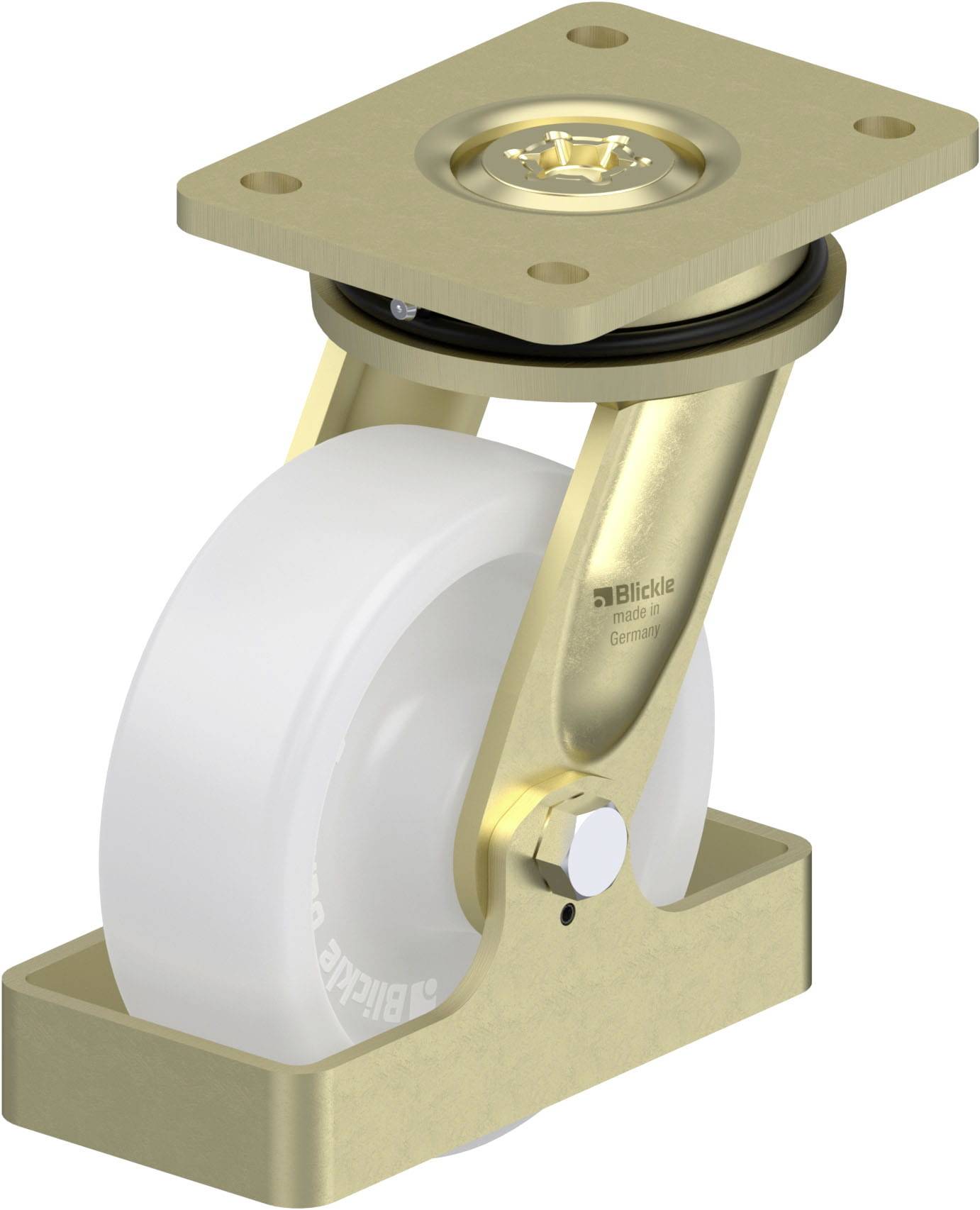 Industrie-Rolle mit goldfarbenem Gehäuse und weißem Rad, geeignet für schwere Lasten. Robust und drehbar, ideal für Transportgeräte.