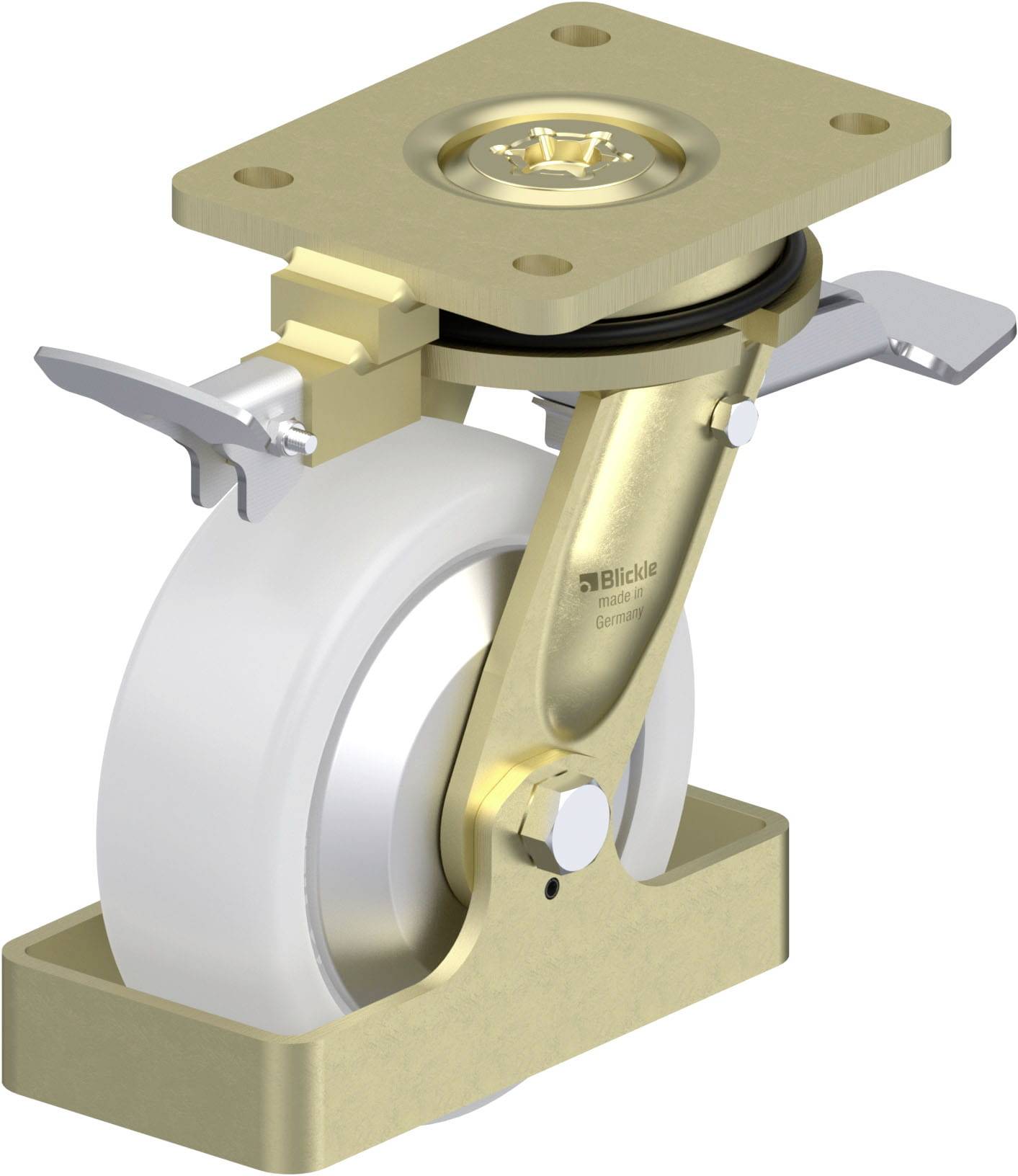 Schwenkrolle aus Metall mit weißem Rad, Befestigungselement oben, geeignet für schwere Lasten, industrielles Design.