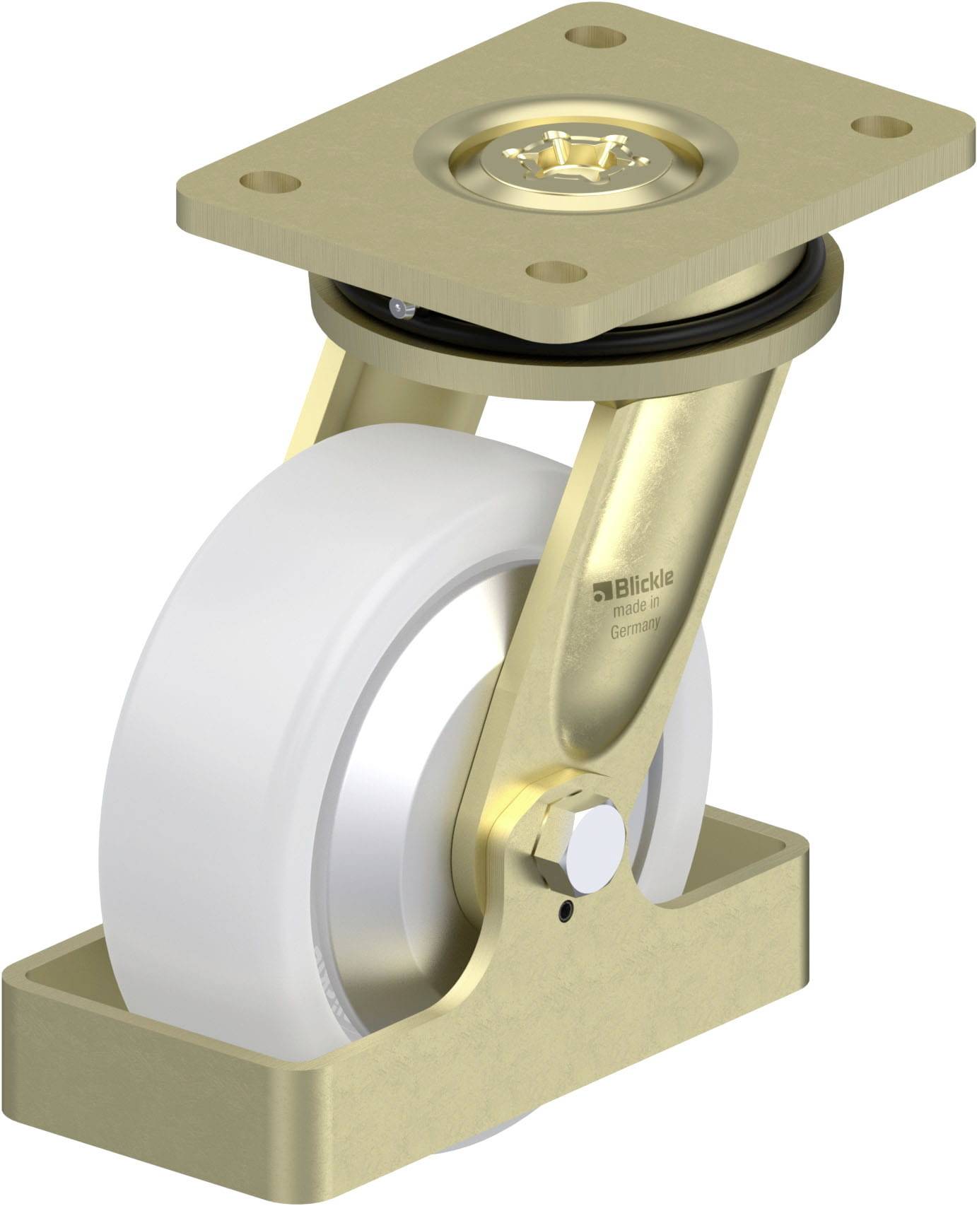 Schwenkrolle mit weißem Rad und bronzefarbenem Gehäuse. Sie besitzt eine stabile Befestigungsplatte oben. Geeignet für industrielle Anwendungen.