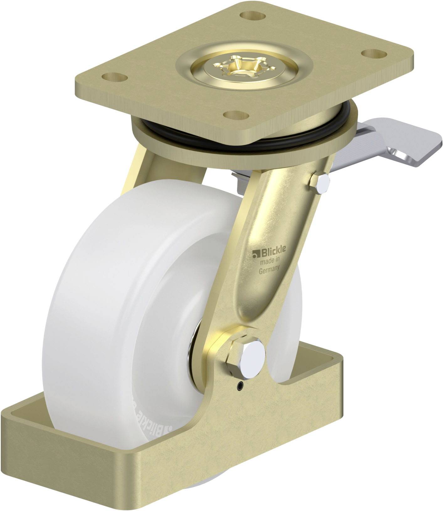 Goldenes Lenkrollen-Gehäuse mit weißem Rad und Befestigungsplatte. Anwendungen im Möbelbau und in der Industrie.