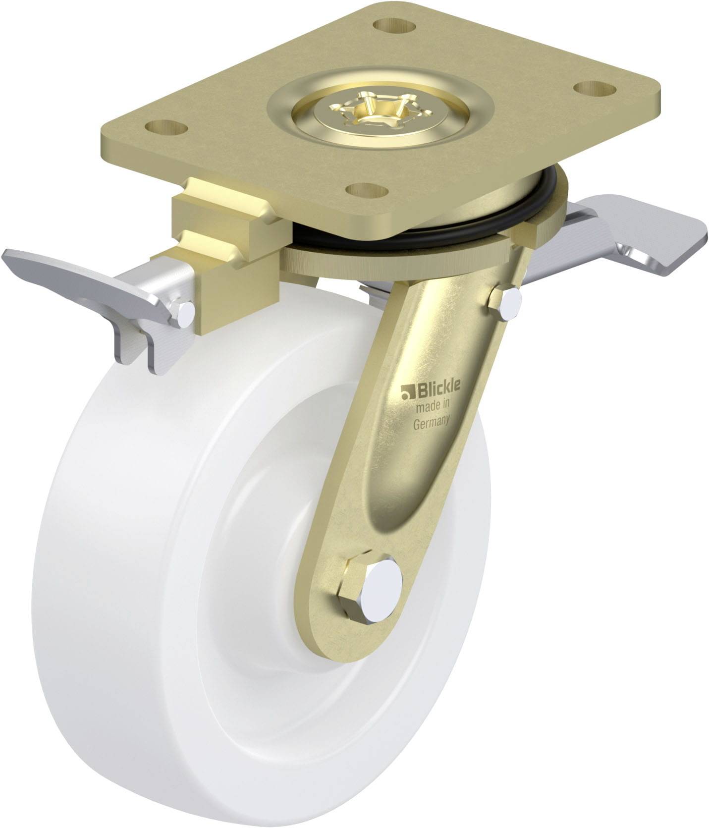 Schwenkrolle mit weißem Rad und goldfarbenem Halter. Oben eine Befestigungsplatte, seitlich eine Bremsvorrichtung.