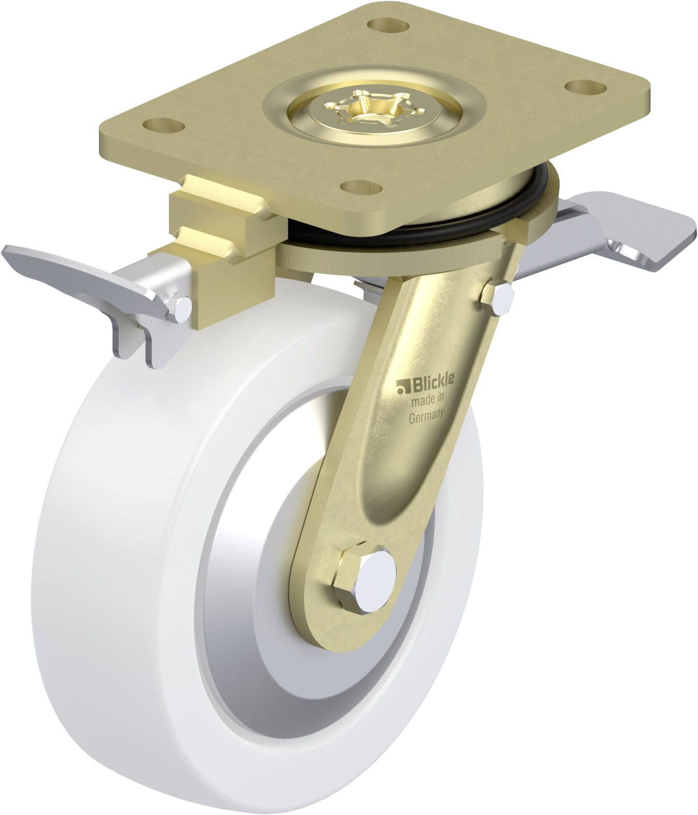 Einzelnes Schwenkrollenrad mit weißem Rad und goldenem Gehäuse, inklusive Bremse und Montagescheibe.