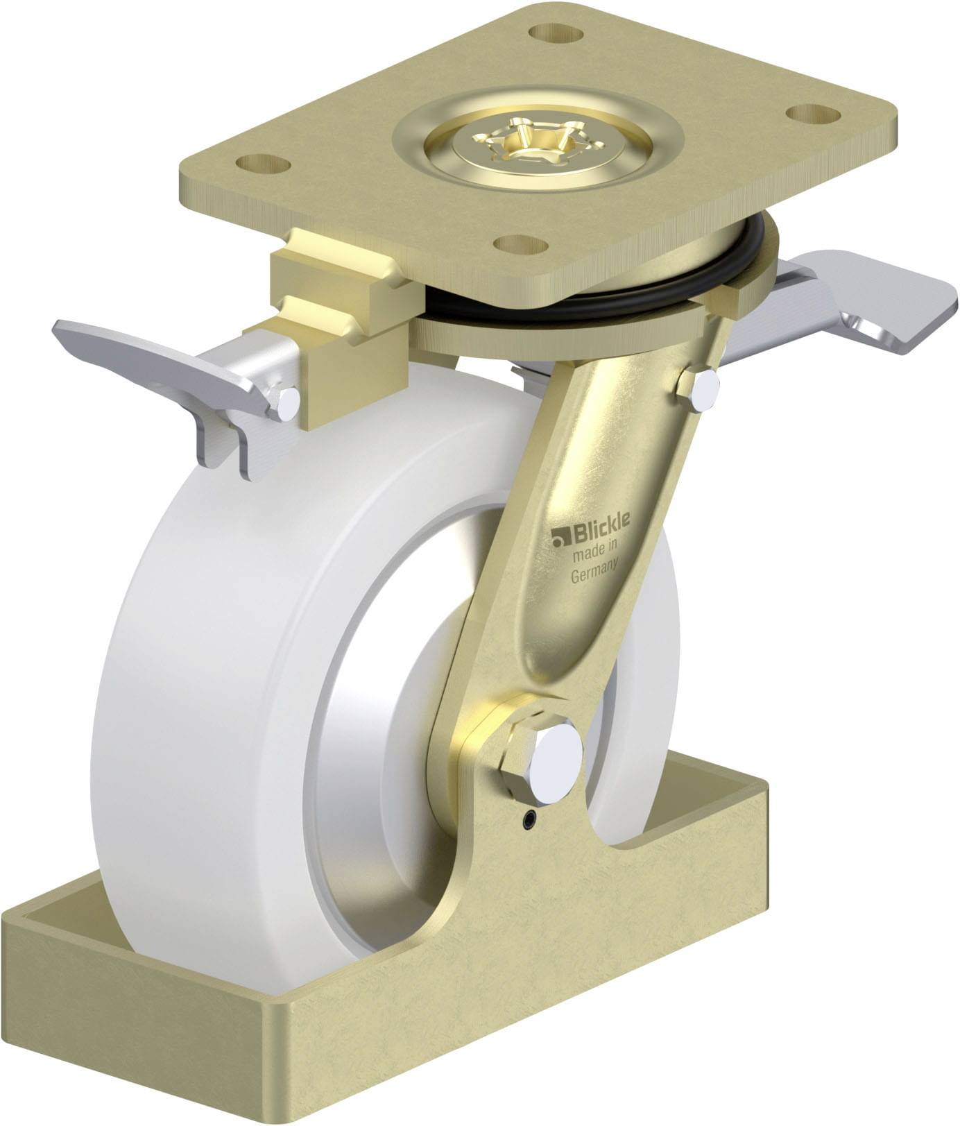 Ein goldener Radkasten mit einem weißen Rad, befestigt an einer rechteckigen Metallplatte. Verwendung in Industrie oder Möbeln.