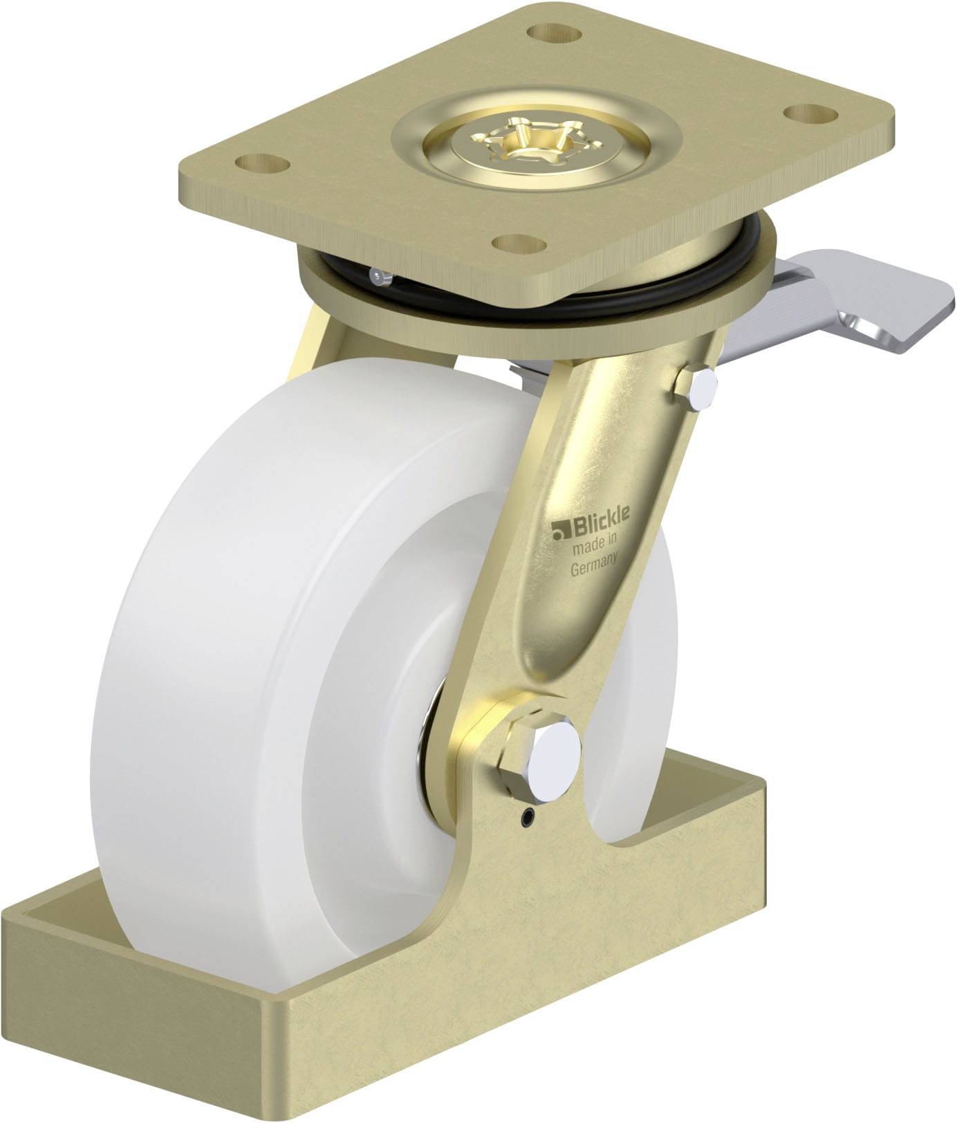 Schwenkrolle mit weißem Rad, goldfarbenem Gehäuse und Bremse. Für Möbeltransport oder industrielle Anwendungen geeignet.