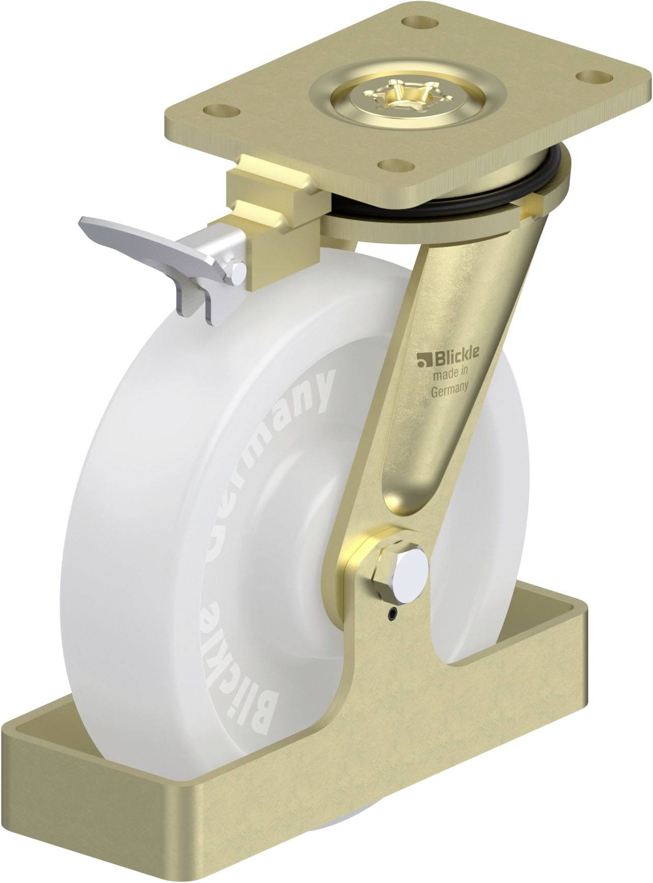 Schwenkrolle mit goldenem Gehäuse und weißem Rad, seitlich abgebildet. Aufschrift 'Germany' auf dem Rad erkennbar.