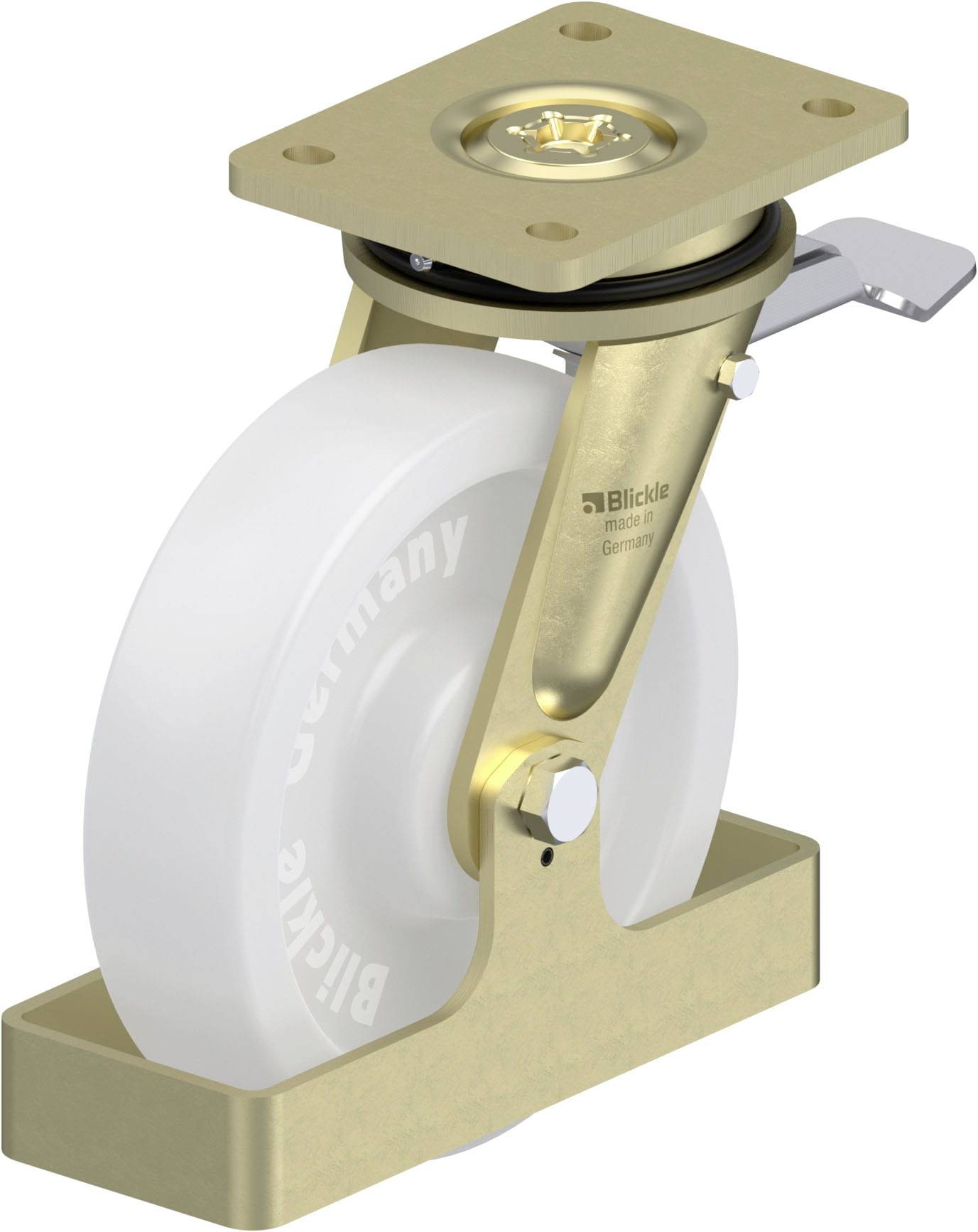 Rolle mit goldfarbenem Gehäuse und weißem Rad; Hersteller 'Blickle', made in Germany, robust und strapazierfähig für industrielle Anwendungen.