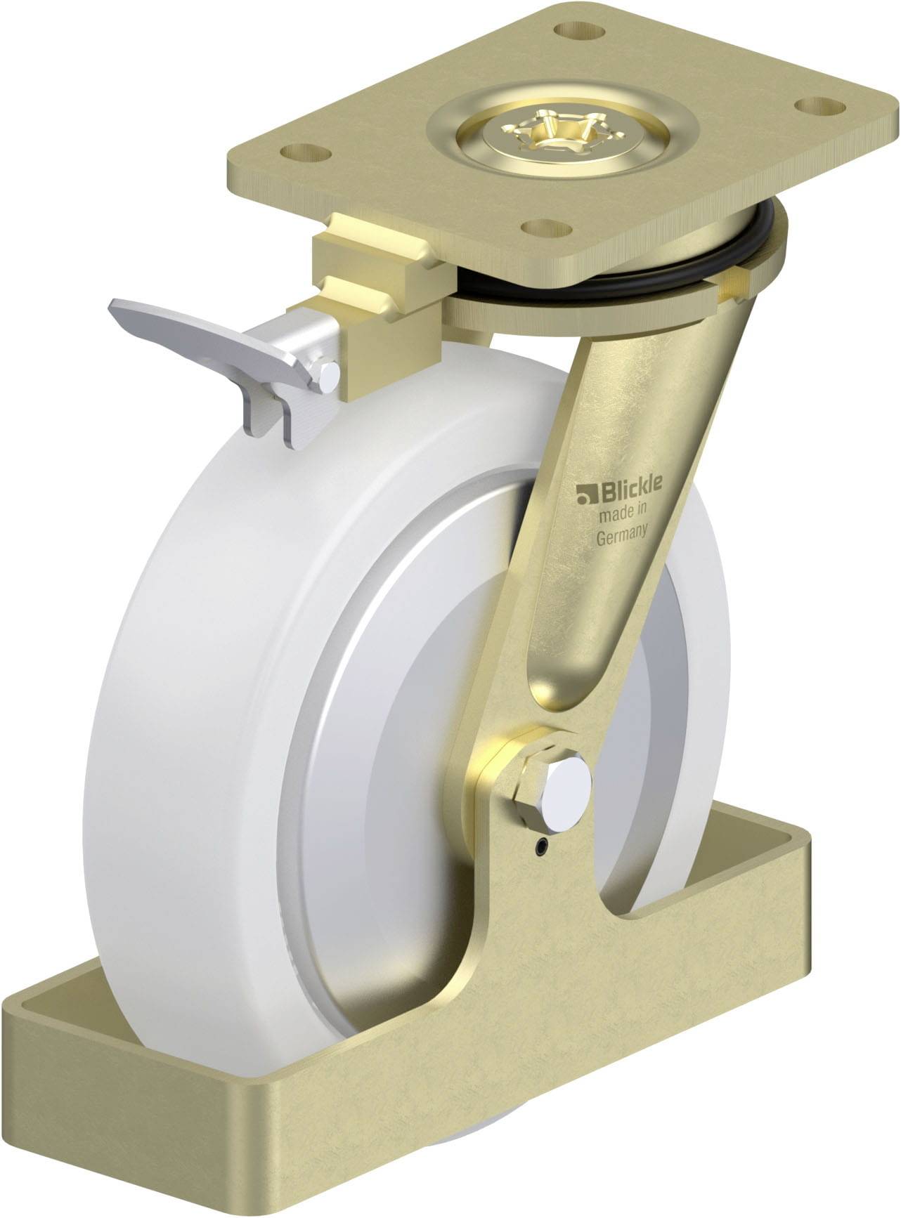 Ein goldfarbenes Schwerlast-Lenkrolle mit weißem Rad und Bremshebel. Sie hat eine robuste Halterung und ist für industrielle Anwendungen gedacht.