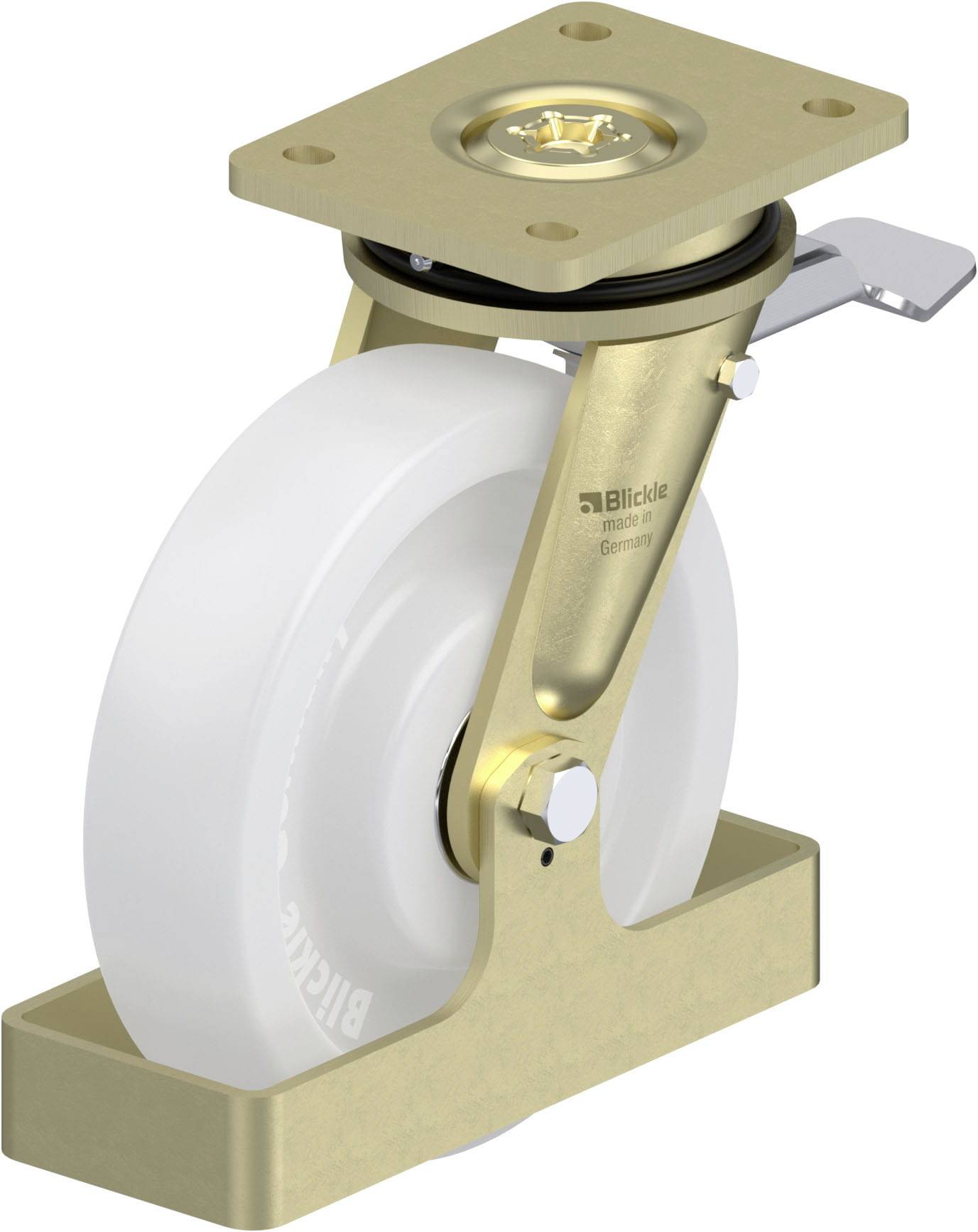 Ein weißes Rad mit goldfarbenem Gehäuse und Bremse, montiert an einer rechteckigen Metallplatte.