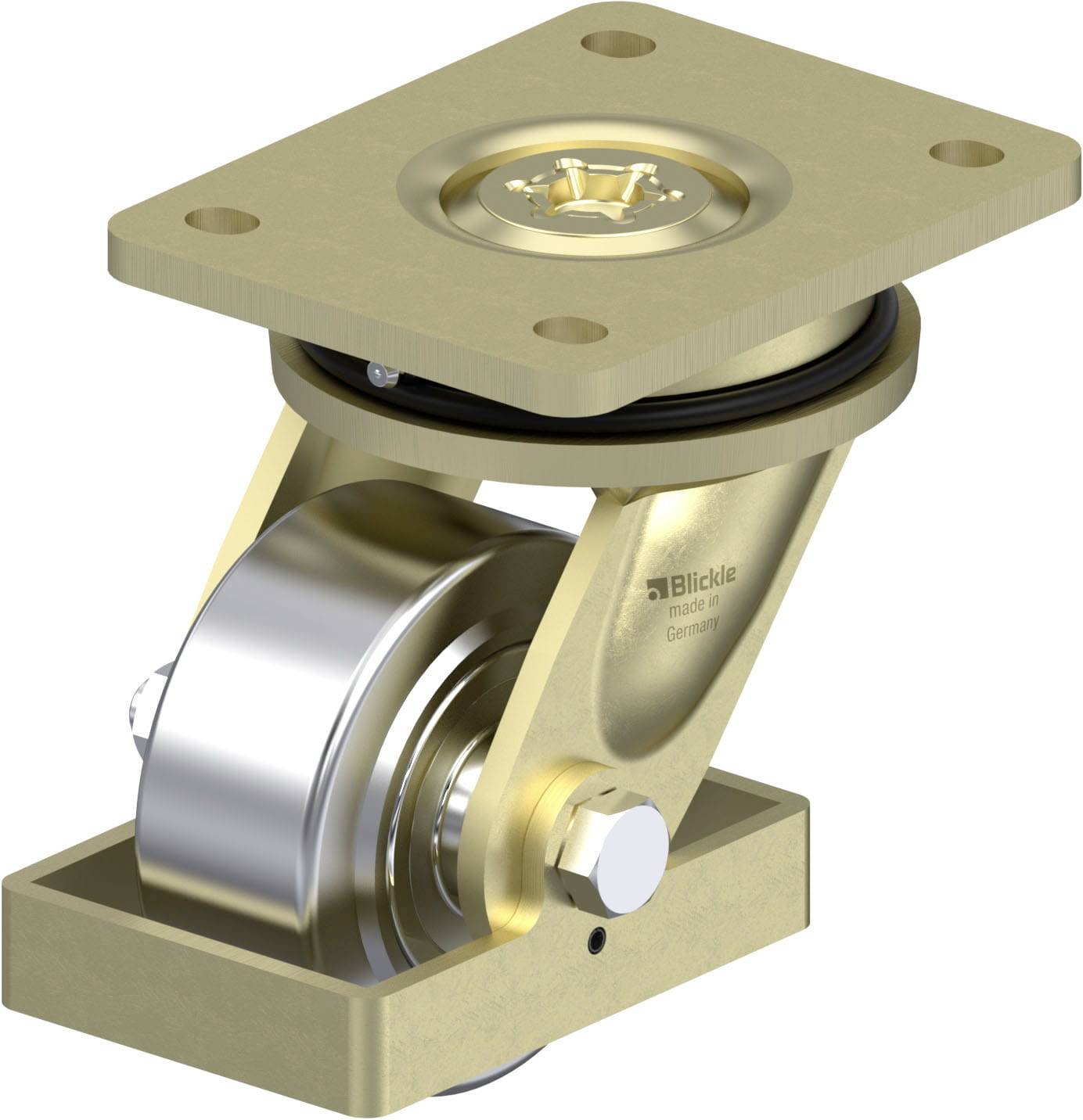 Drehbares Rollenrad in goldener Metallhalterung, zeigt industrielles Design und Funktionalität für schwere Lasten.
