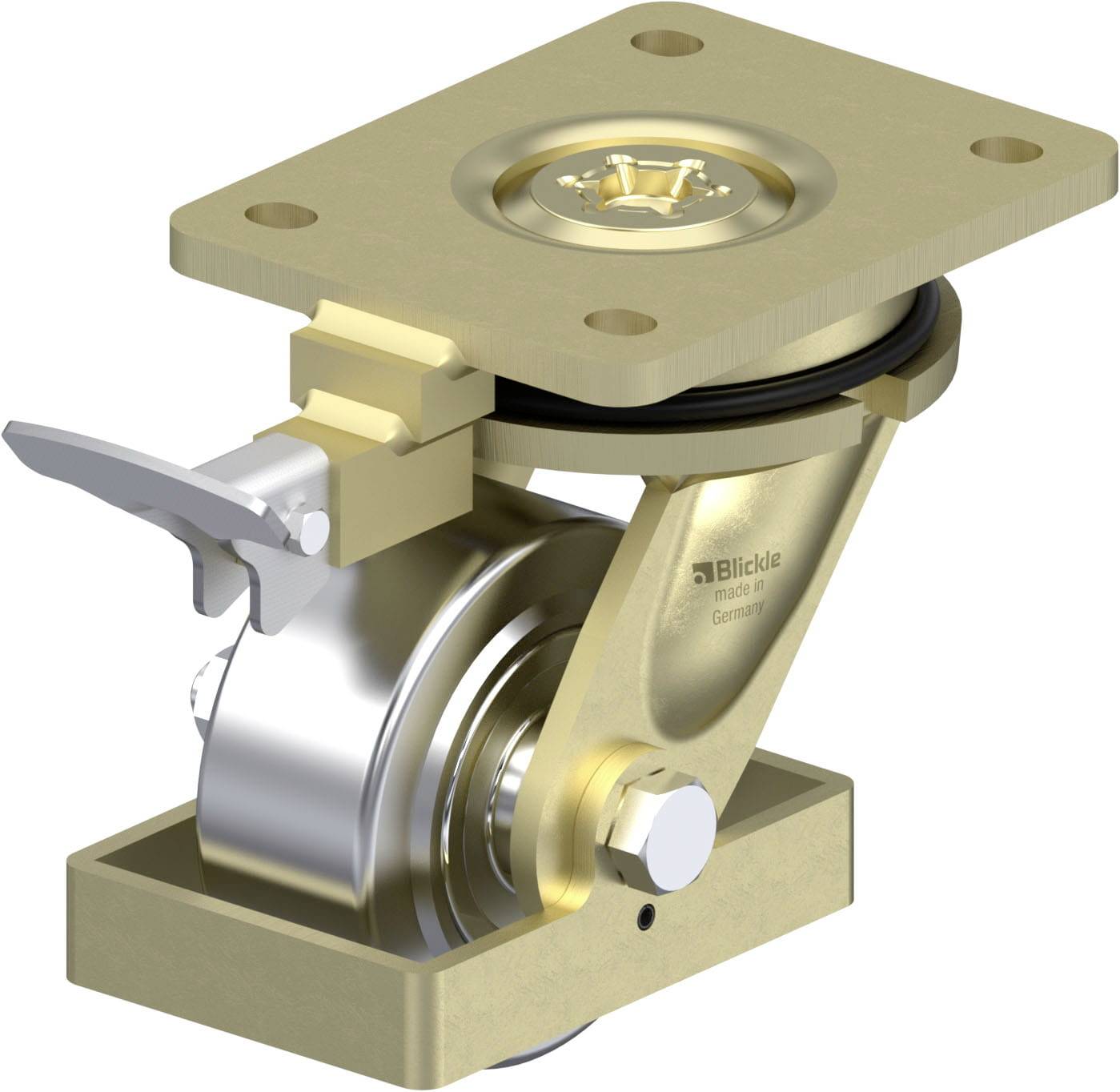 Metallrolle für Schwerlastanwendungen mit quadratischer Montageplatte und Feststellhebel, geeignet für robuste Umgebungen.