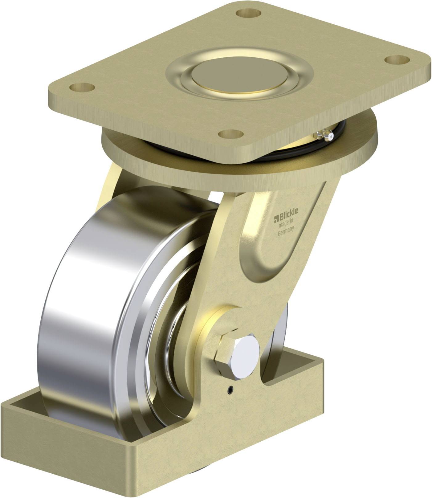 Ein goldfarbenes Schwerlastrad mit robustem Gehäuse und großer Metallrolle, geeignet für Industrieanwendungen und schwere Lasten.