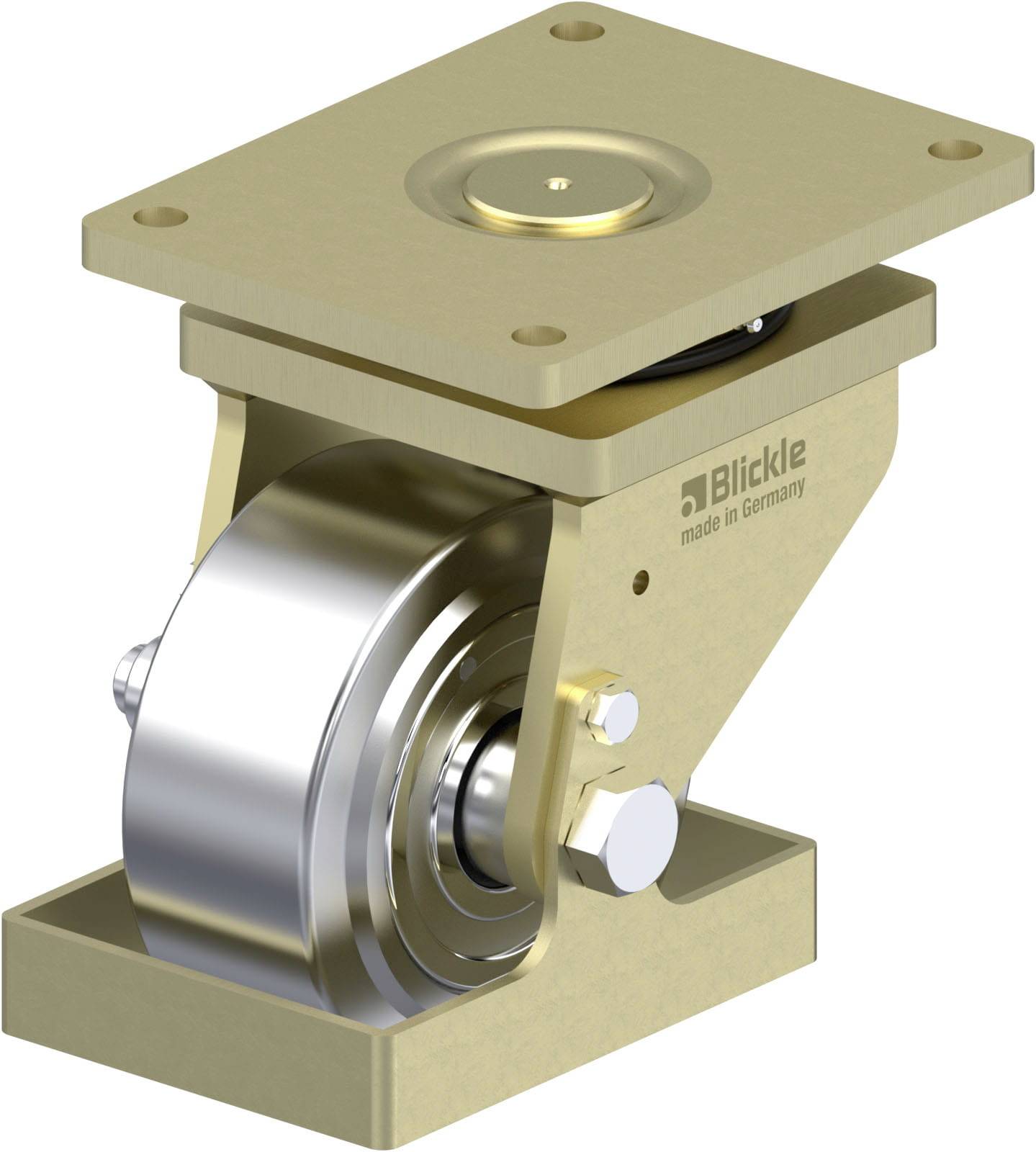 Industrie-Lenkrolle mit Metallsockel und glattem Rad. Für schwere Lasten geeignet, mit Aufschrift 'Blickle made in Germany'.
