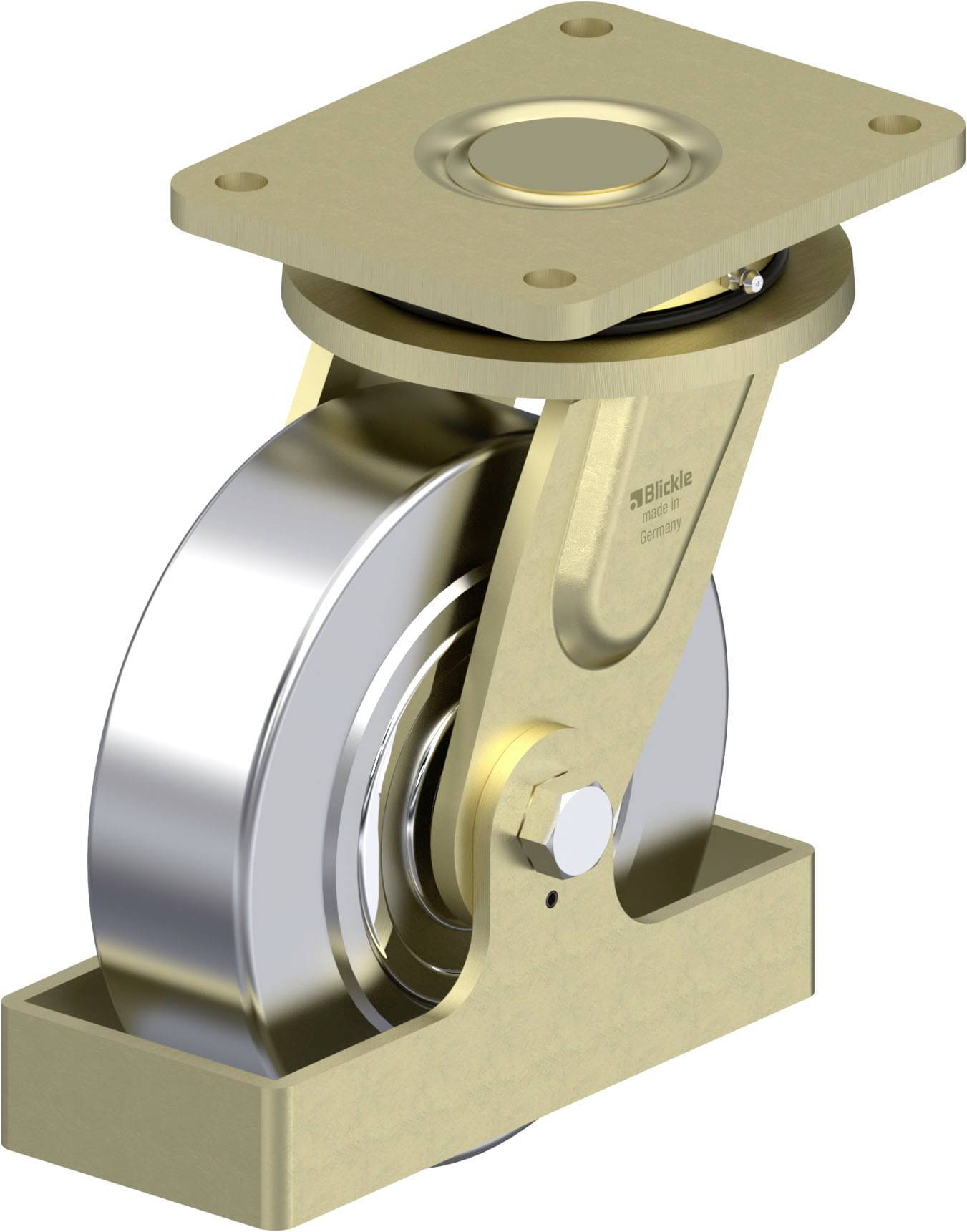 Schwenkrolle aus Metall mit großem Rad auf rechteckiger Montageplatte, geeignet für schwere Lasten.