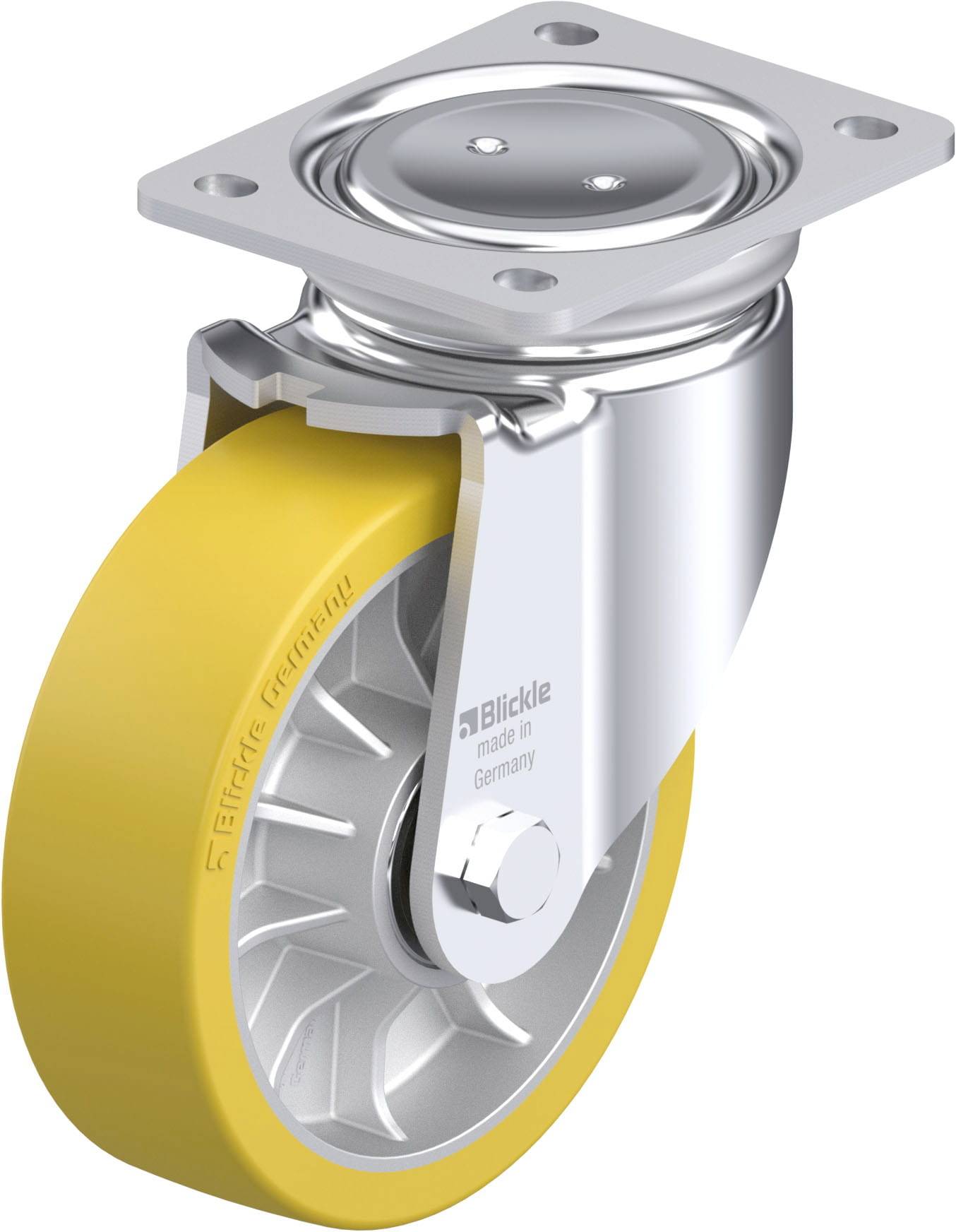 Schwenkrolle mit gelbem Rad und silbernem Metallgehäuse, hergestellt in Deutschland. Geeignet für Möbel oder leichte Geräte.
