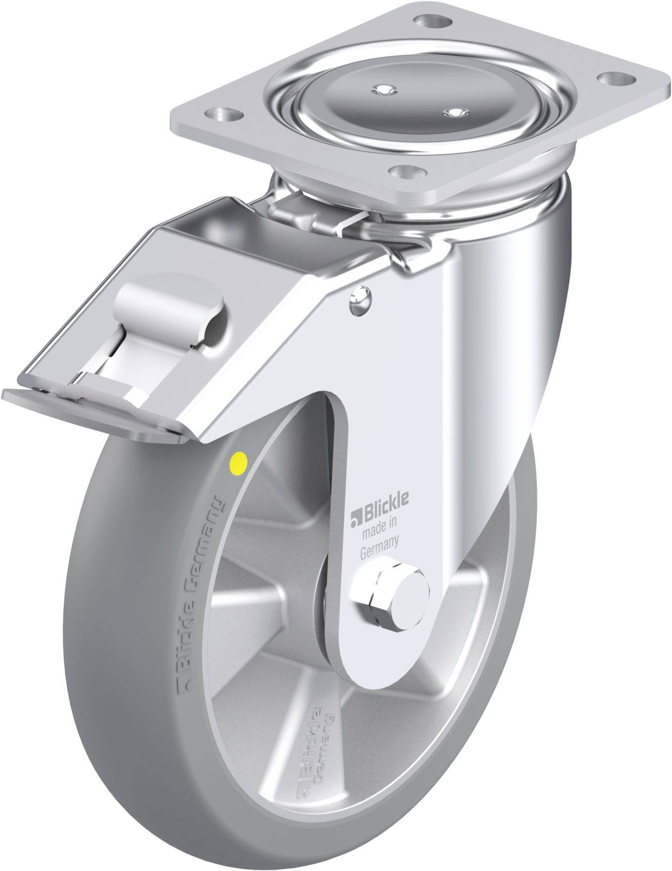 Eine Industriefeststellrolle aus Metall und Gummi mit Montageplatte, geeignet für schwere Lasten. Marke: Blickle.