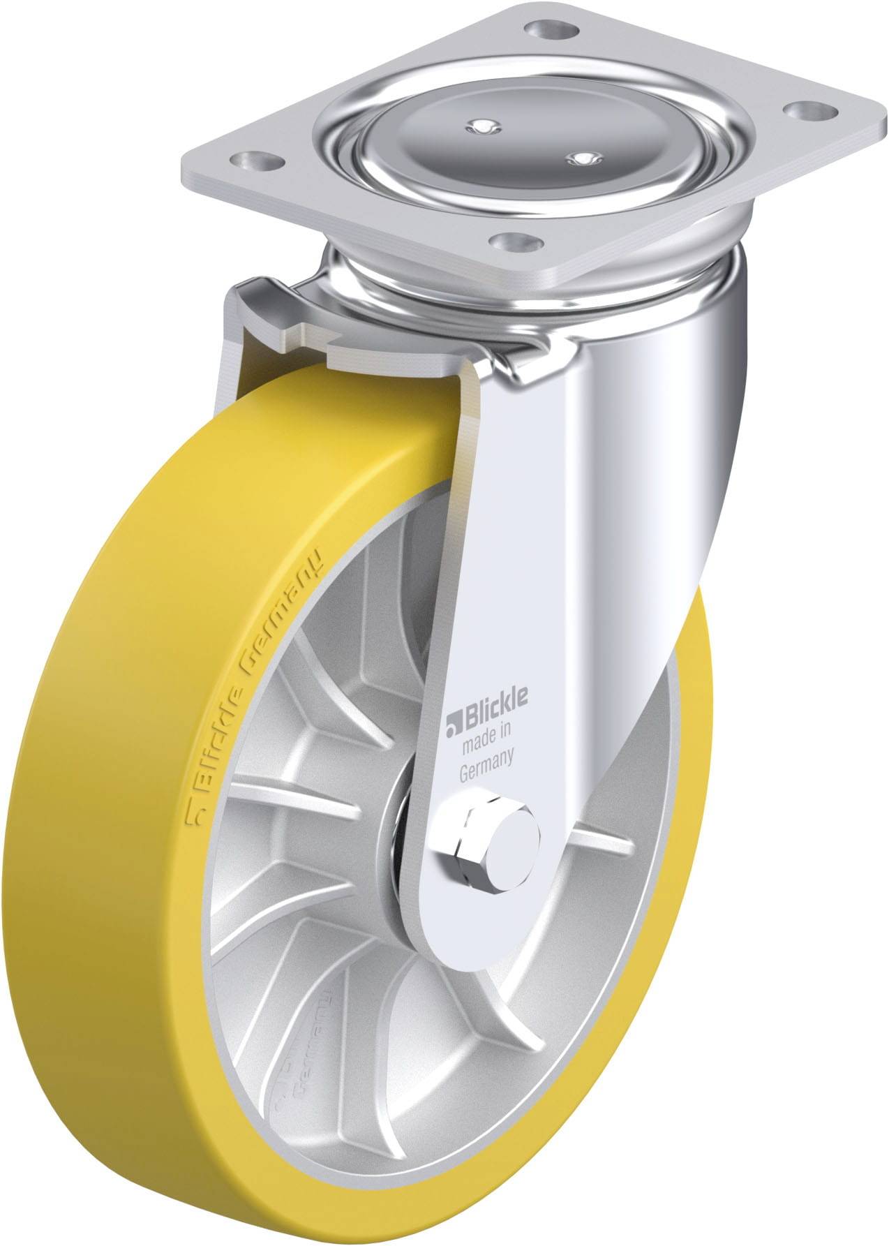 Gelbes Schwenkrolle-Rad mit metallischer Montageplatte, geeignet für industrielle Anwendungen.