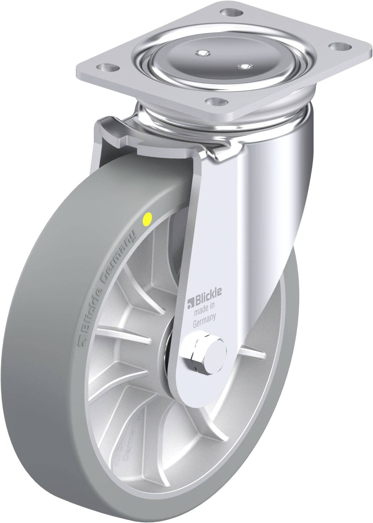 Drehbares Industrie-Lenkrollenrad aus Metall und Kunststoff mit Montagescheibe, geeignet für schwere Lasten in technischen Anwendungen.