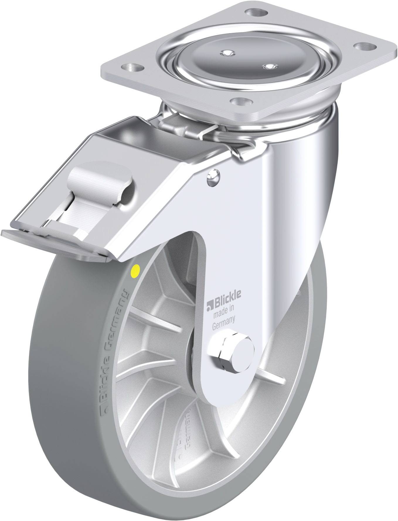 Schwenkbares Rollrad aus Metall und Gummi mit Befestigungsplatte und Feststellbremse, geeignet für industrielle Anwendungen.