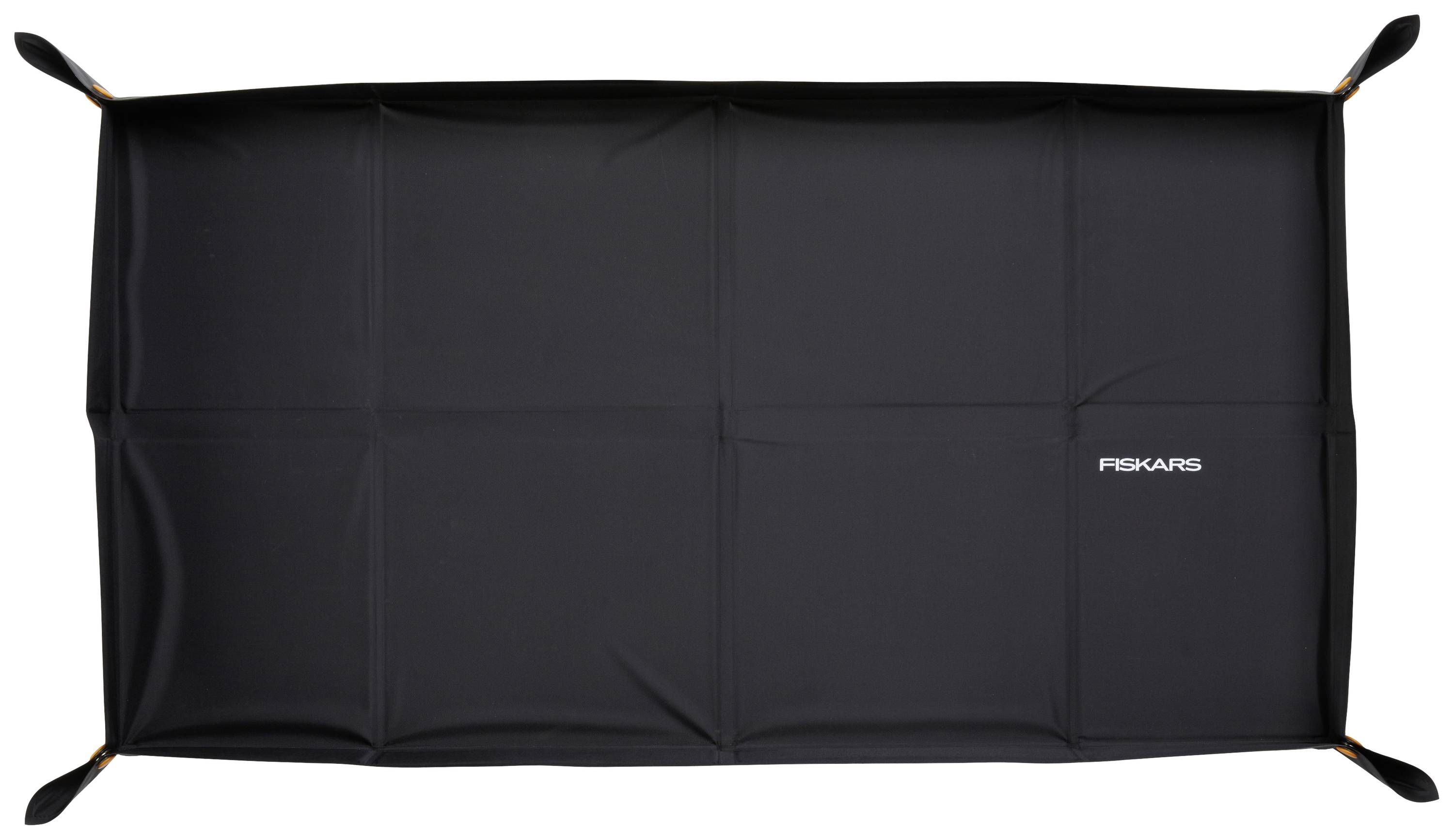 Schwarze Decke mit weißen Logo 'FISKARS' in der Ecke, rechteckig, mit acht gefalteten Segmenten.