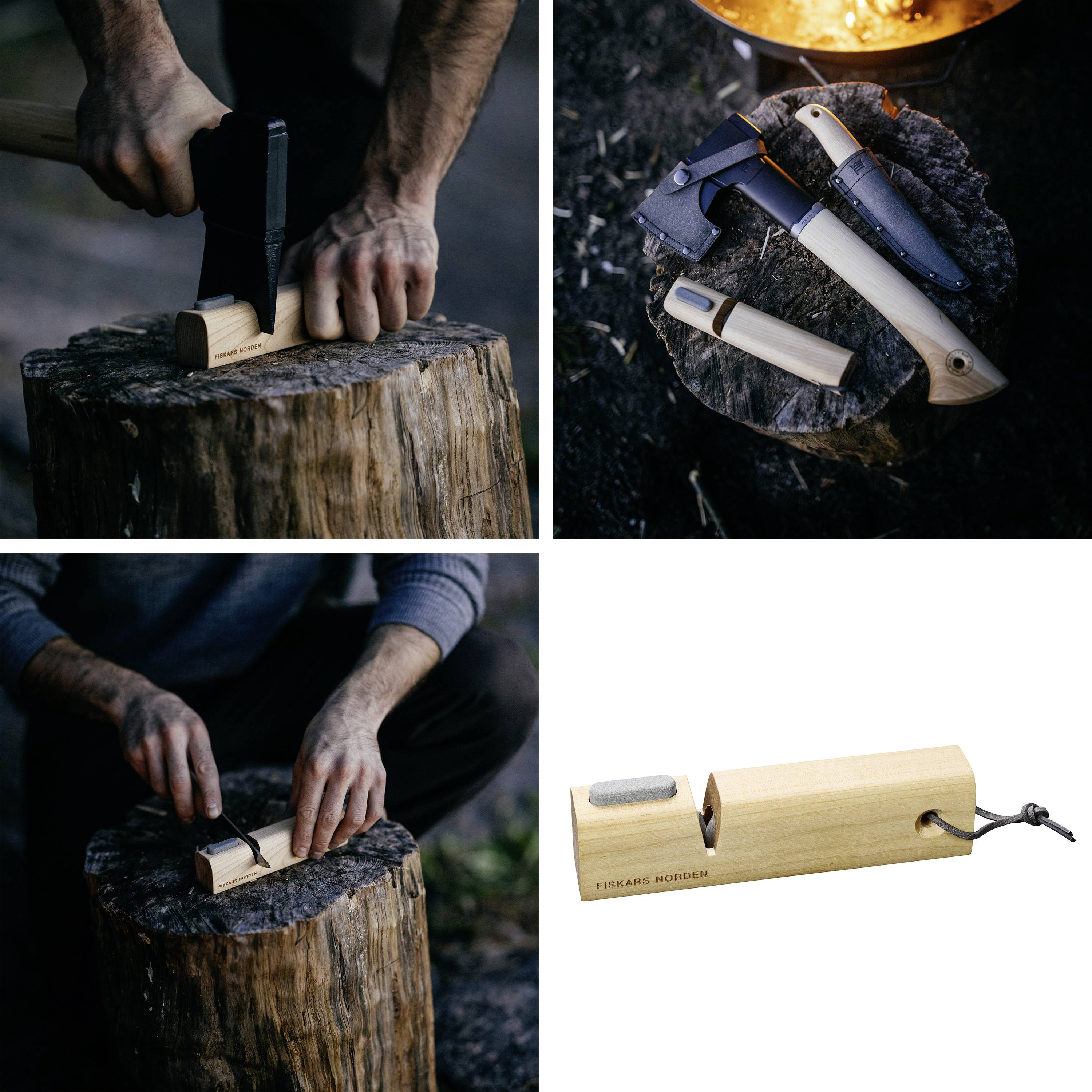 Person hackt Holz mit einer Axt. Mehrere Äxte und ein Schleifstein sind zu sehen. Hauptfokus auf Ausrüstung zur Holzbearbeitung.