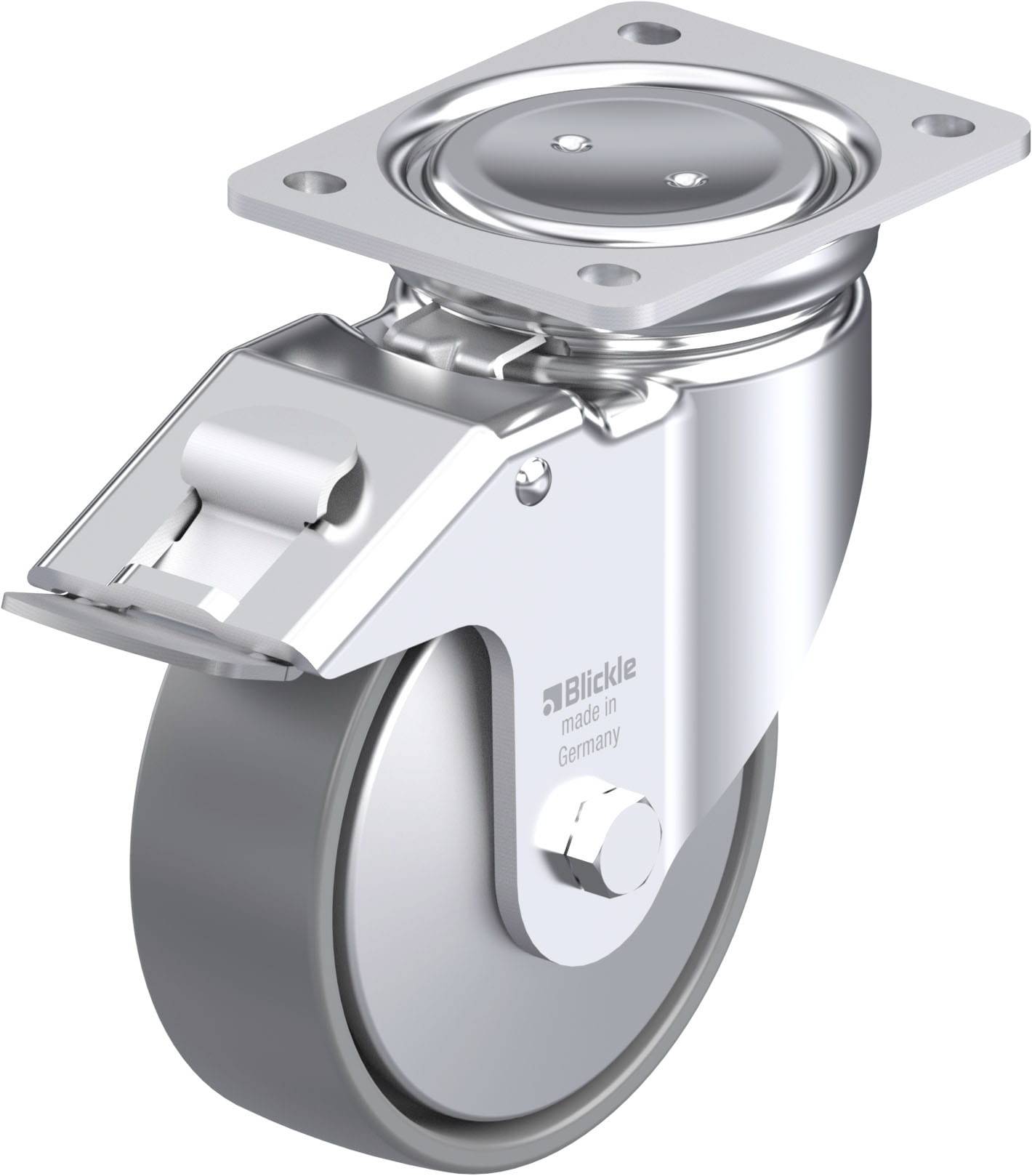 Schwenkrolle mit Metallhalterung und grauem Rad, geeignet für möbelartige Anwendungen und Transportlösungen; gefertigt in Deutschland.