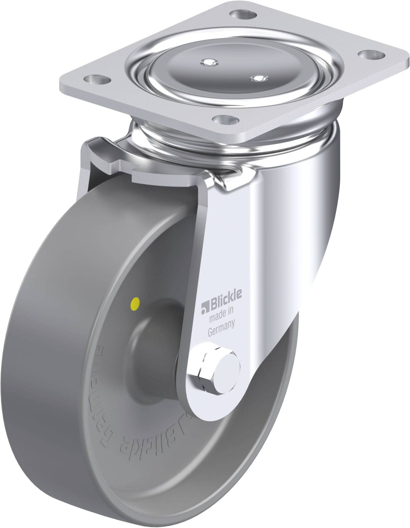Industrie-Lenkrolle aus Metall mit grauem Gummi-Rad und Drehgelenk, produziert von 'Blickle'.