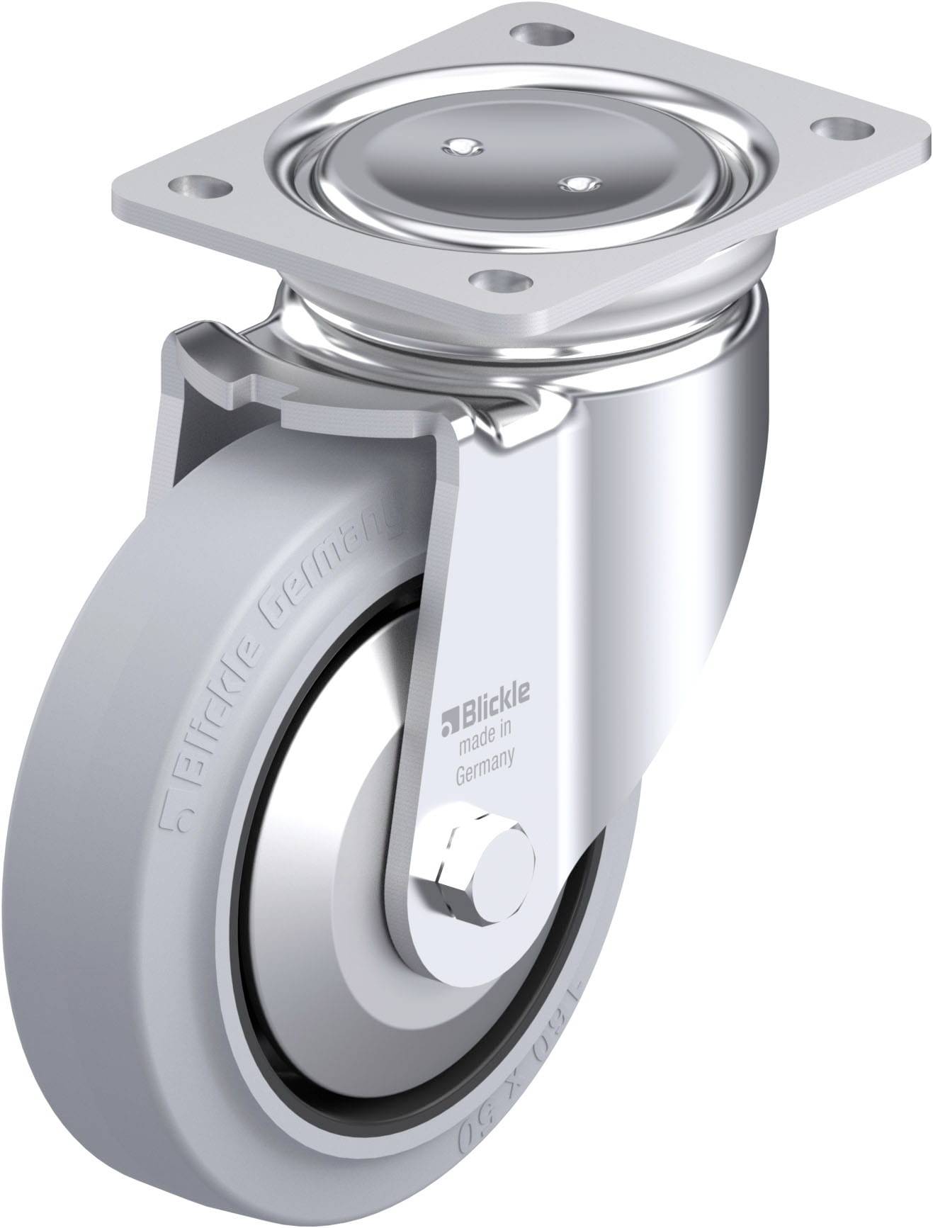 Drehbare Lenkrolle mit Gehäuse aus Metall und grauem Rad aus Kunststoff. Verwendet für Möbel oder Industrieausrüstung.