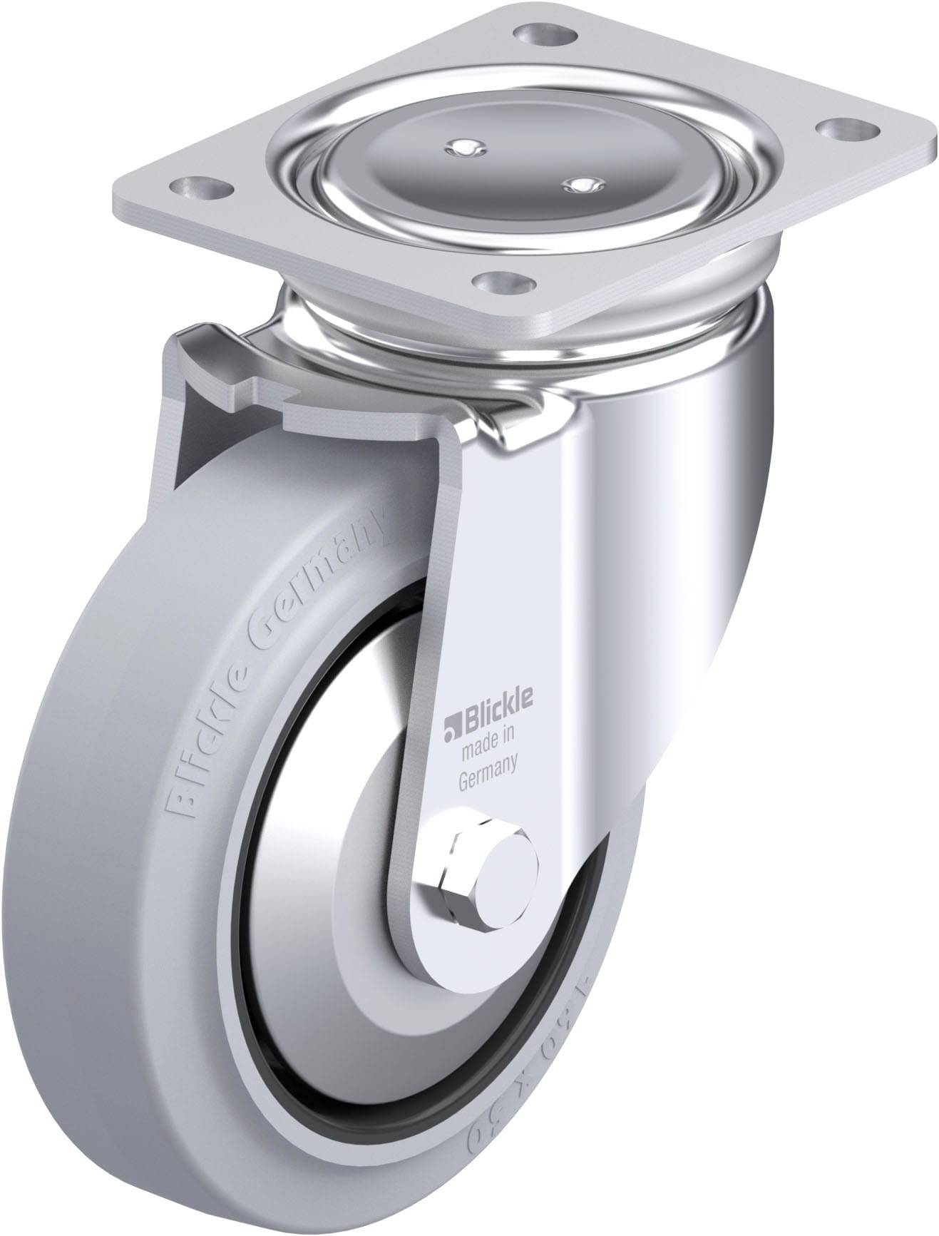 Rollen mit silbernem Gehäuse und grauem Gummirad. Markiert mit 'Blickle' und 'Made in Germany'. Geeignet für Transportgeräte.