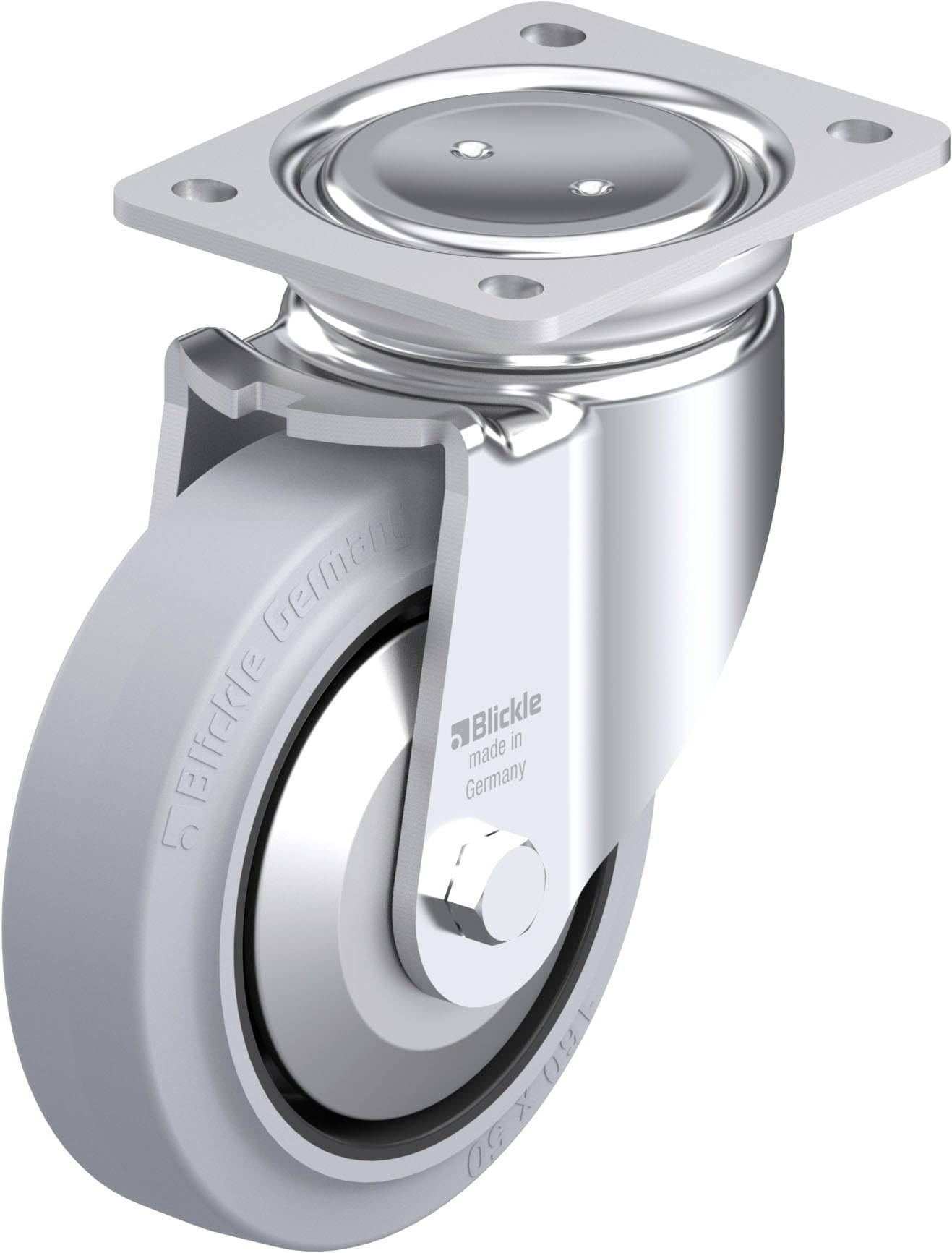 Drehbares Rad mit grauem Reifen und Metallgehäuse, geeignet für die Befestigung an Möbeln oder Transportgeräten.