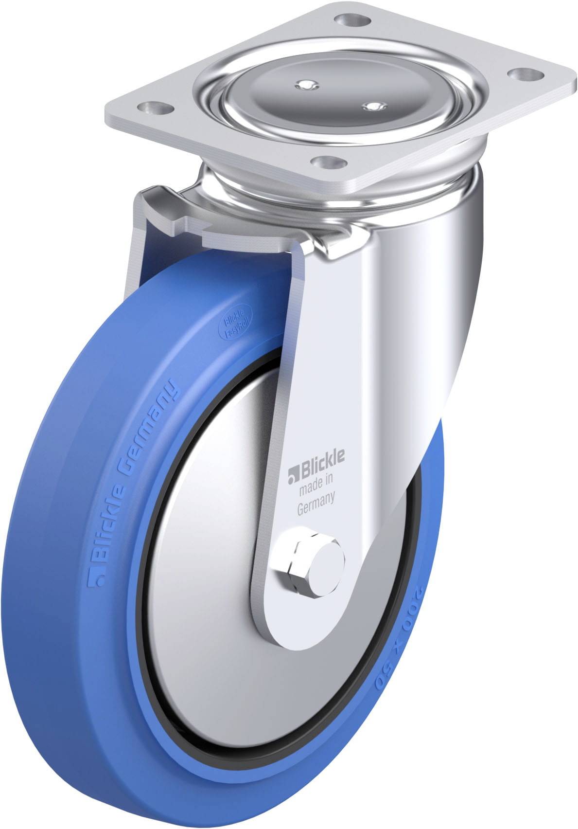 Industrie-Rolle mit blauem Gummi, Edelstahlhalterung, Schraubplatte und Aufschrift 'Blickle'. Geeignet für Maschinenmobilität.