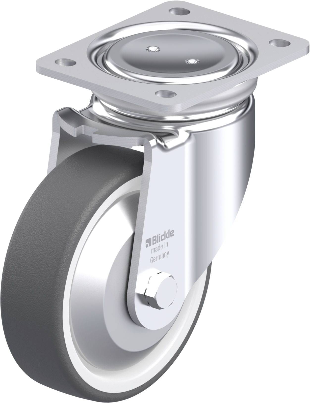 Eine drehbare Lenkrolle aus Metall mit grauem Rad, geeignet für industrielle Anwendungen.