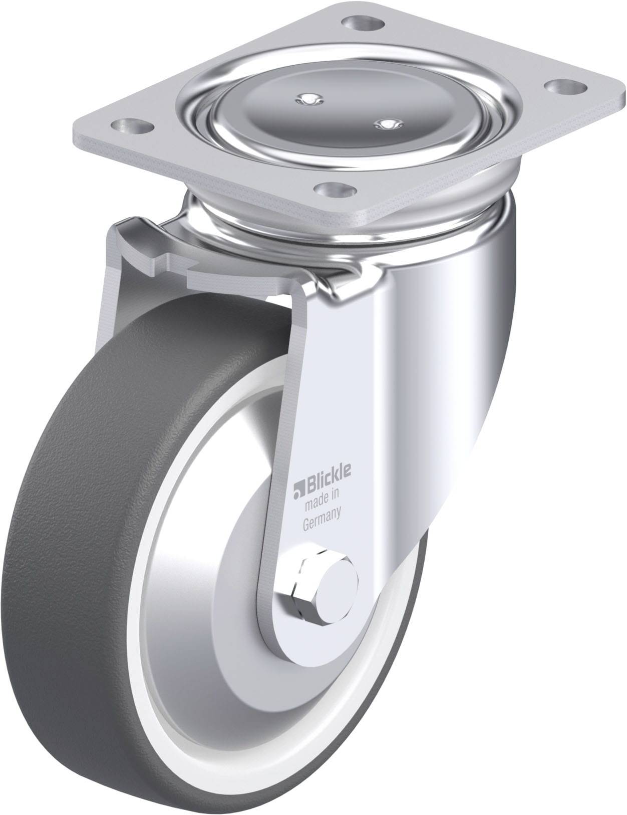 Eine drehbare Rolle mit Befestigungsplatte aus Metall. Sie hat eine graue Gummilauffläche und sieht robust und glatt aus.