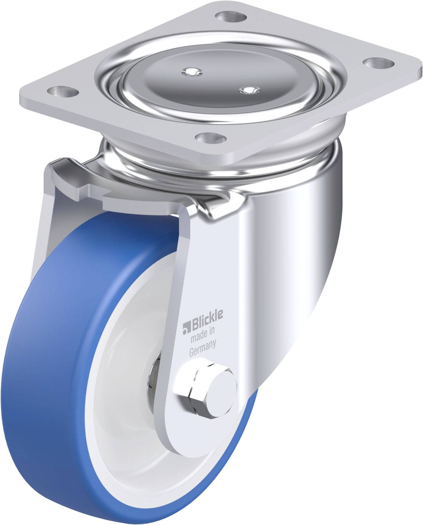 Dargestellt ist eine drehbare Lenkrolle mit blauem Rand, aus Metall gefertigt, zur Befestigung an Geräten oder Möbeln.