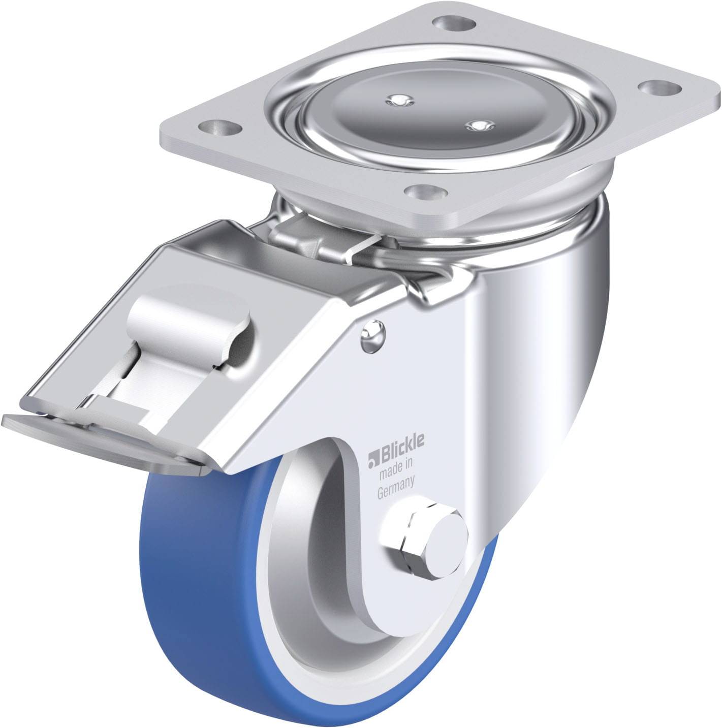 Schwenkrolle mit blauer Gummibereifung und Metallplatte zur Befestigung. Geeignet für Möbel oder Geräte, um Mobilität zu ermöglichen.