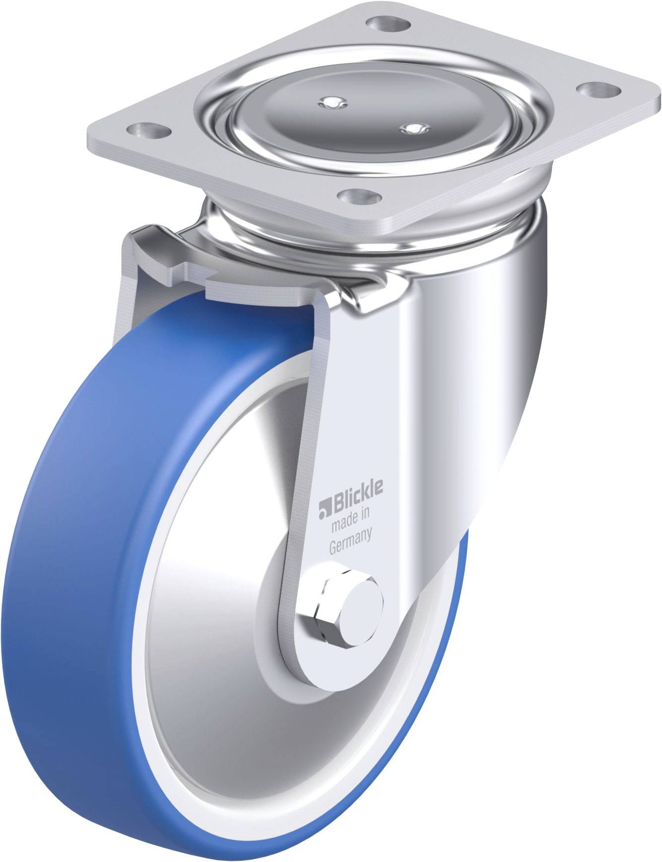Schwenkrolle mit blauem Rad und silbernem Gehäuse, geeignet für den Einsatz an Möbeln oder Geräten zur flexiblen Mobilität.