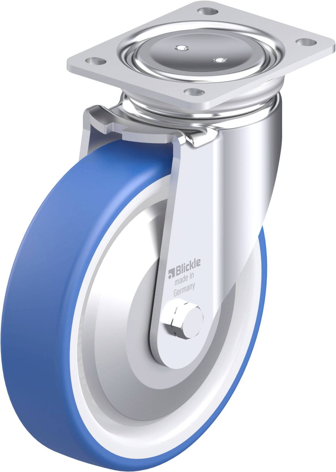Blau-weiße Lenkrolle mit Metallsockel, geeignet für Industrieanwendungen. Hochwertige Verarbeitung, Aufschrift 'Blickle, made in Germany'.