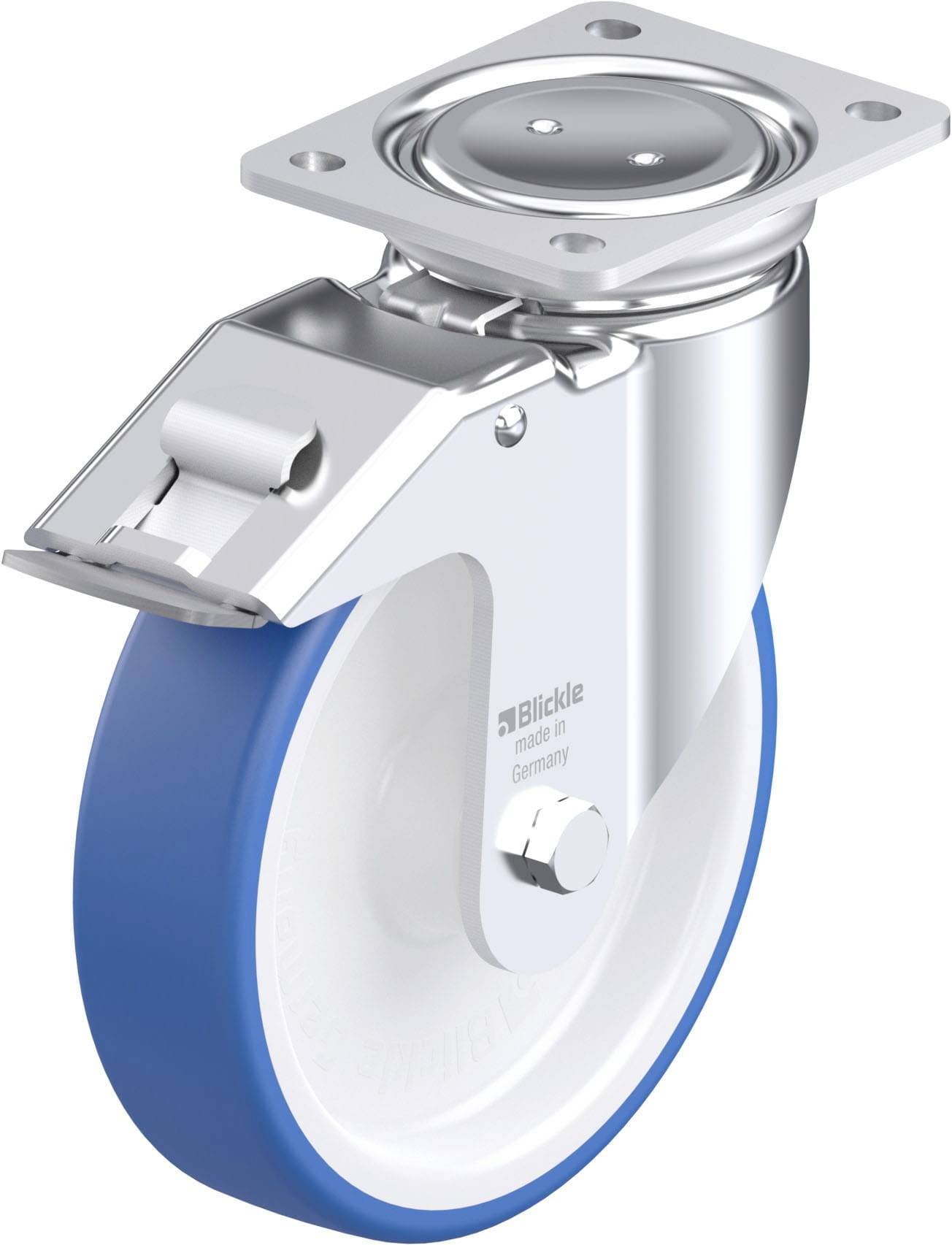 Metallenes Lenkrolle mit blauer Gummibeschichtung und feststellbarem Bremssystem, geeignet für stabile Mobilität industrieller Geräte.