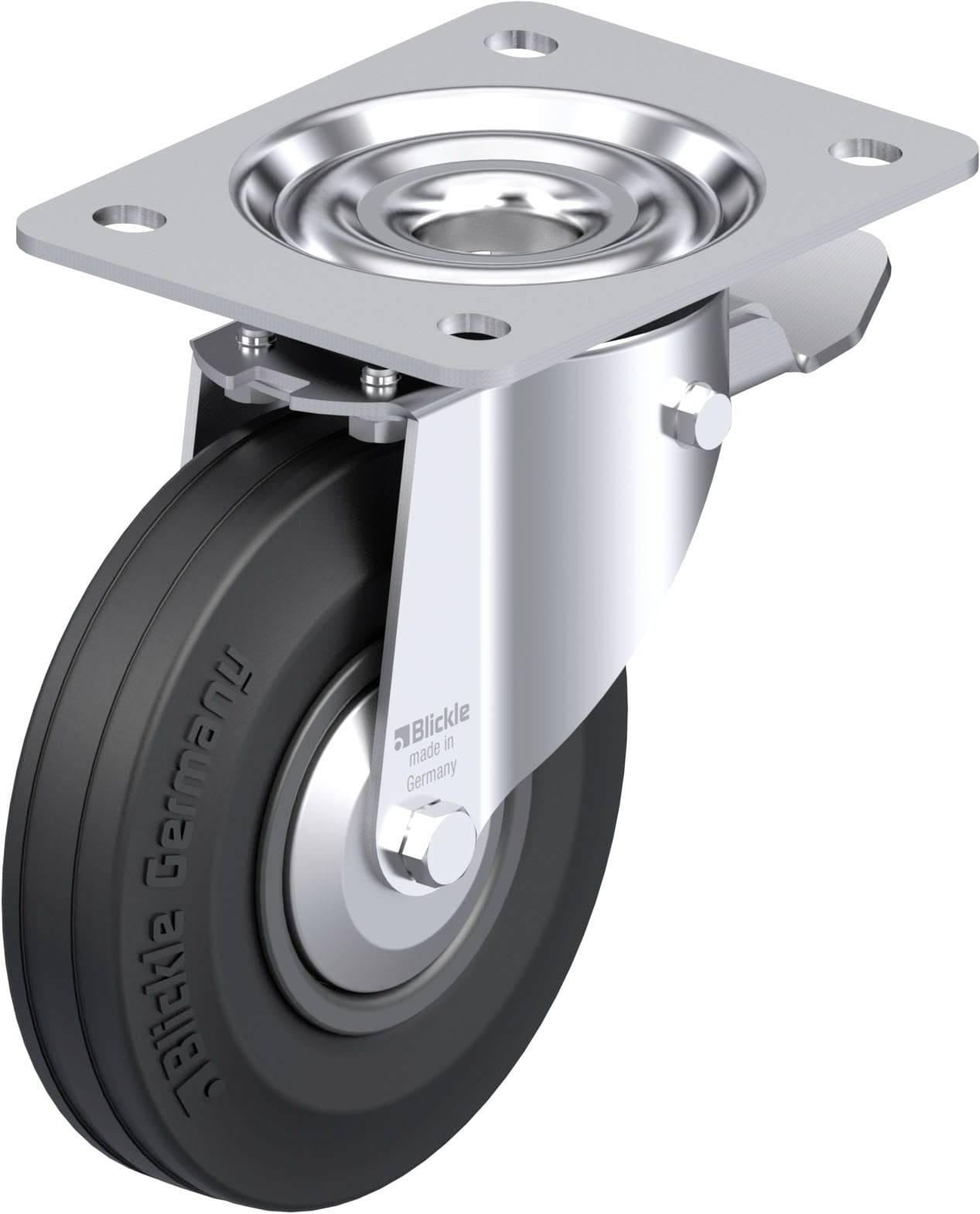 Schwenkrolle aus Metall und Gummi, glänzend, mit Befestigungsplatte, geeignet für den industriellen Einsatz.