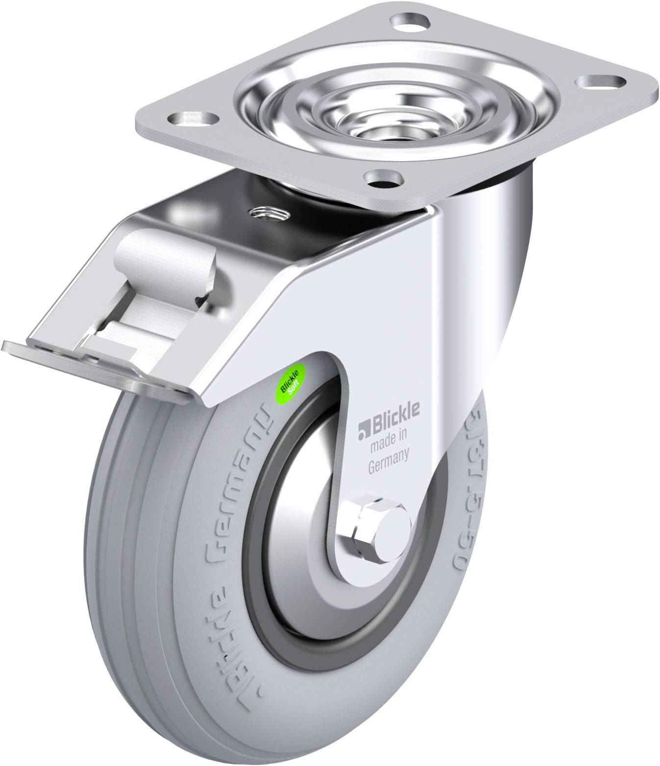 Schwenkrolle aus Metall mit grauem Rad, Montageplatte und Bremse. Aufschrift 'Blickle made in Germany' auf dem Rad.