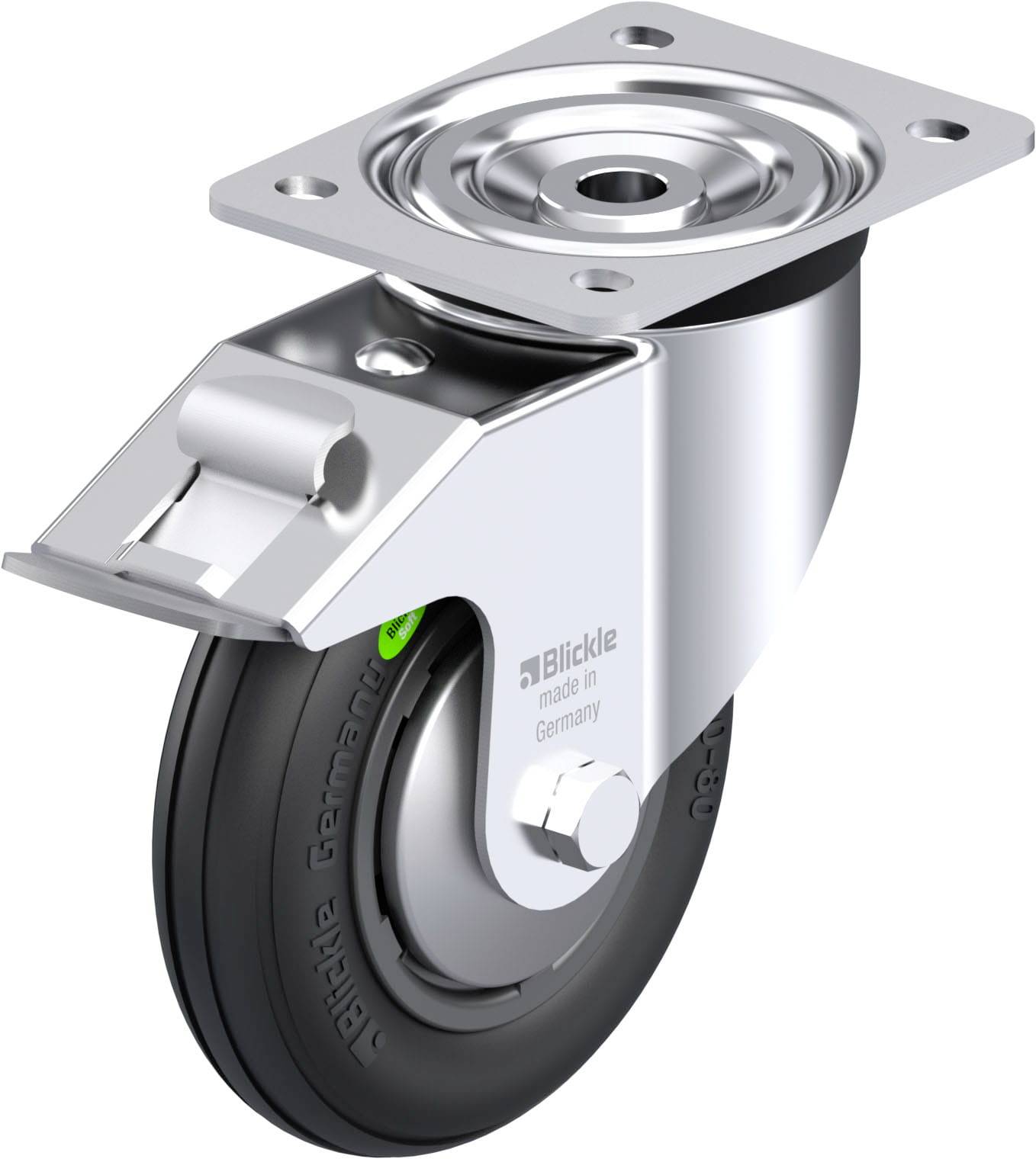 Eine robuste Lenkrolle aus Metall und Kunststoff mit Befestigungsplatte, geeignet für den Einbau an Geräten oder Möbeln.