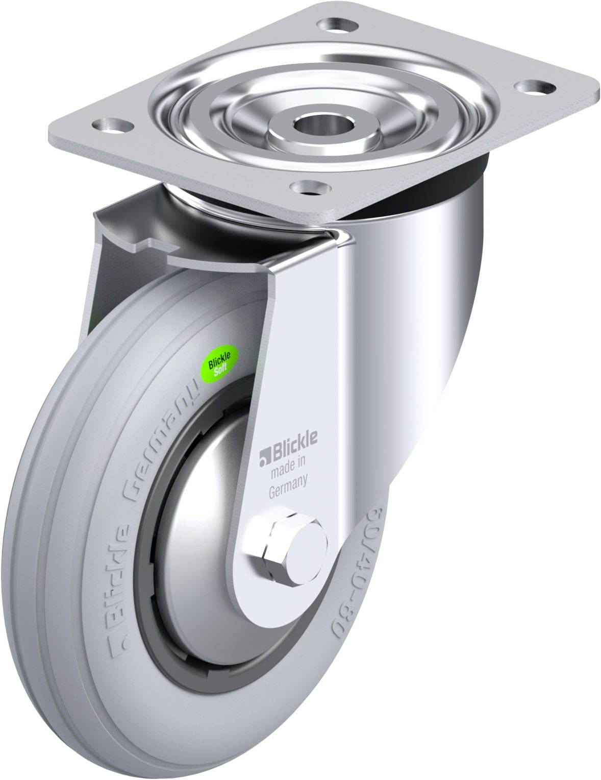 Schwenkrolle mit grauem Rad, silbernem Gehäuse und Montageplatte. Aufschrift 'Blickle, made in Germany' auf der Radseite.