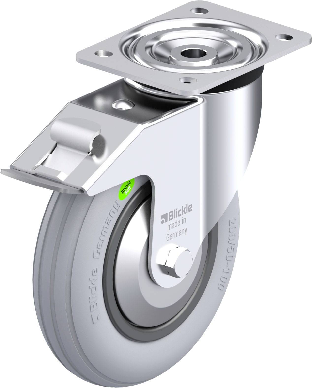 Schwenkrolle aus Metall mit grauem Rad, Montageplatte und Bremse; speziell für Lastentransport und Möbel geeignet.