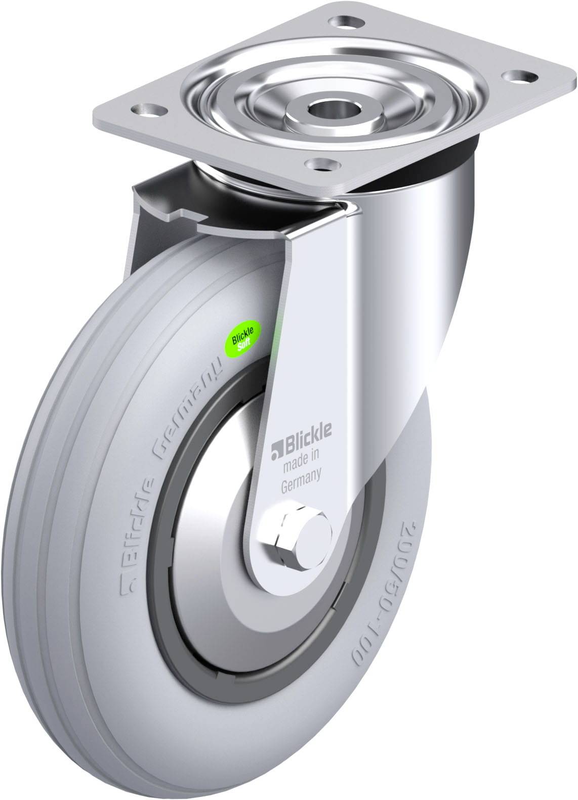 Eine silberne, drehbare Lenkrolle von Blickle mit grauem Rad und grüner Markierung, geeignet für den industriellen Gebrauch.