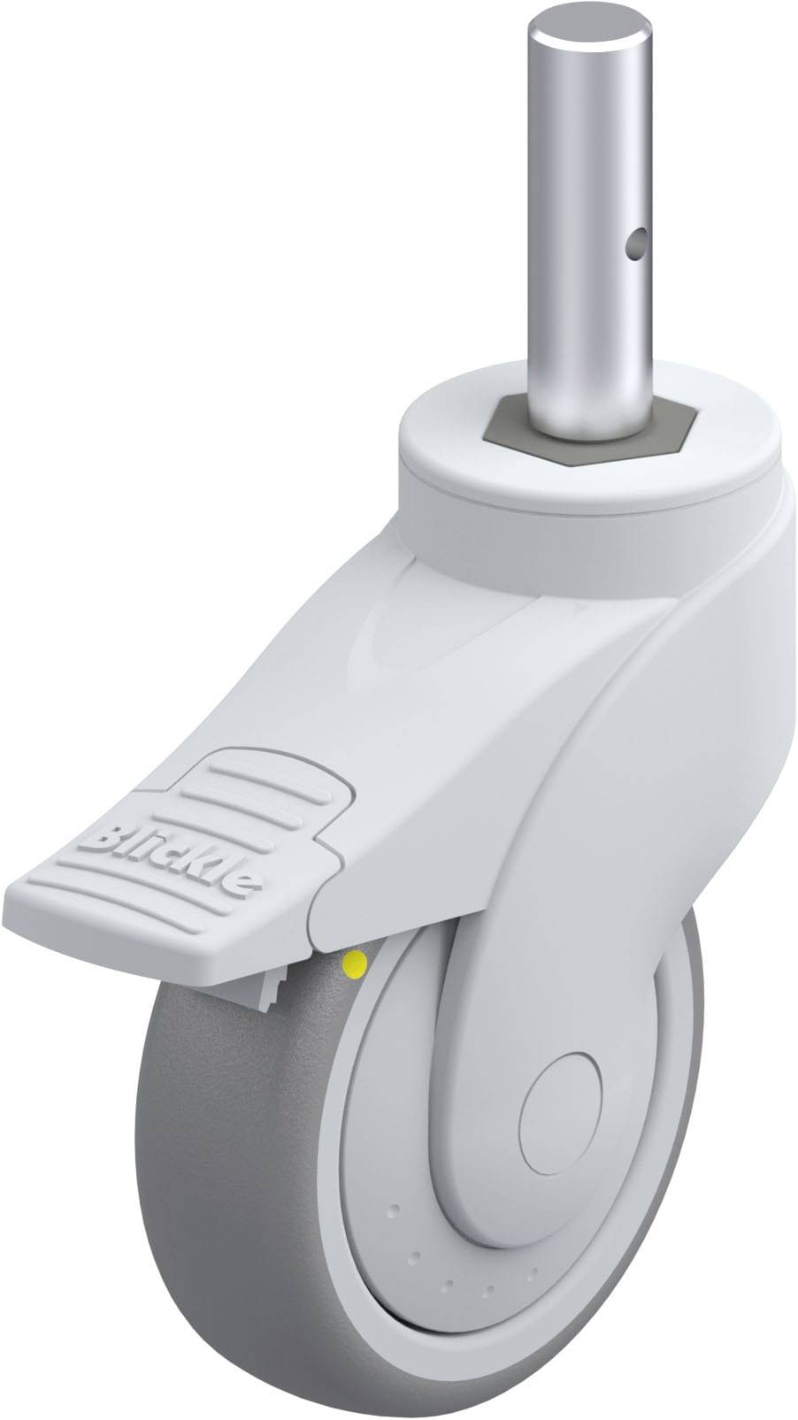 Graues Möbel-Lenkrolle mit Bremse und Stahlstift zur Befestigung, geeignet für flexible und mobile Anwendungen.