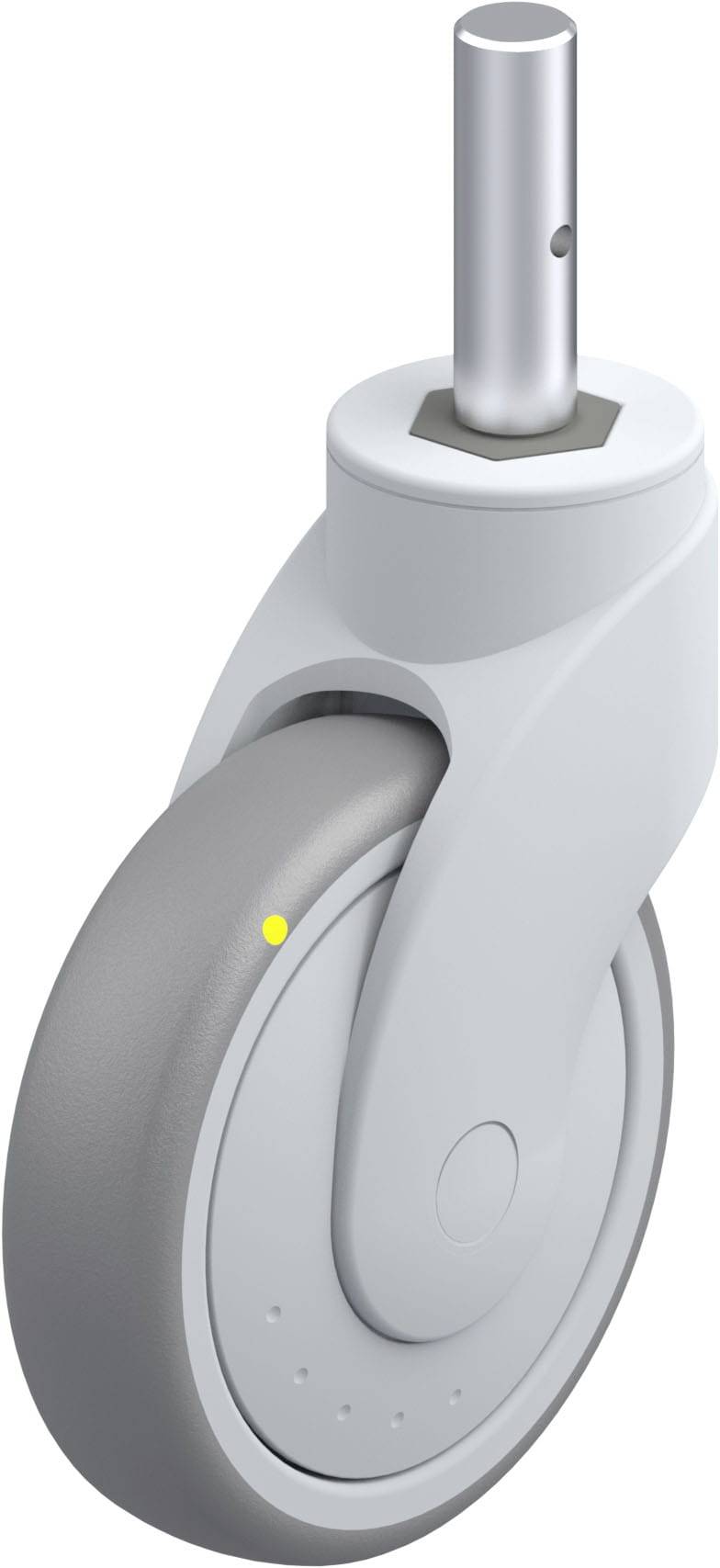 Graue Lenkrolle mit glattem Rad und Metallstift zur Befestigung, geeignet für Möbel oder Geräte, die flexible Bewegung erfordern.