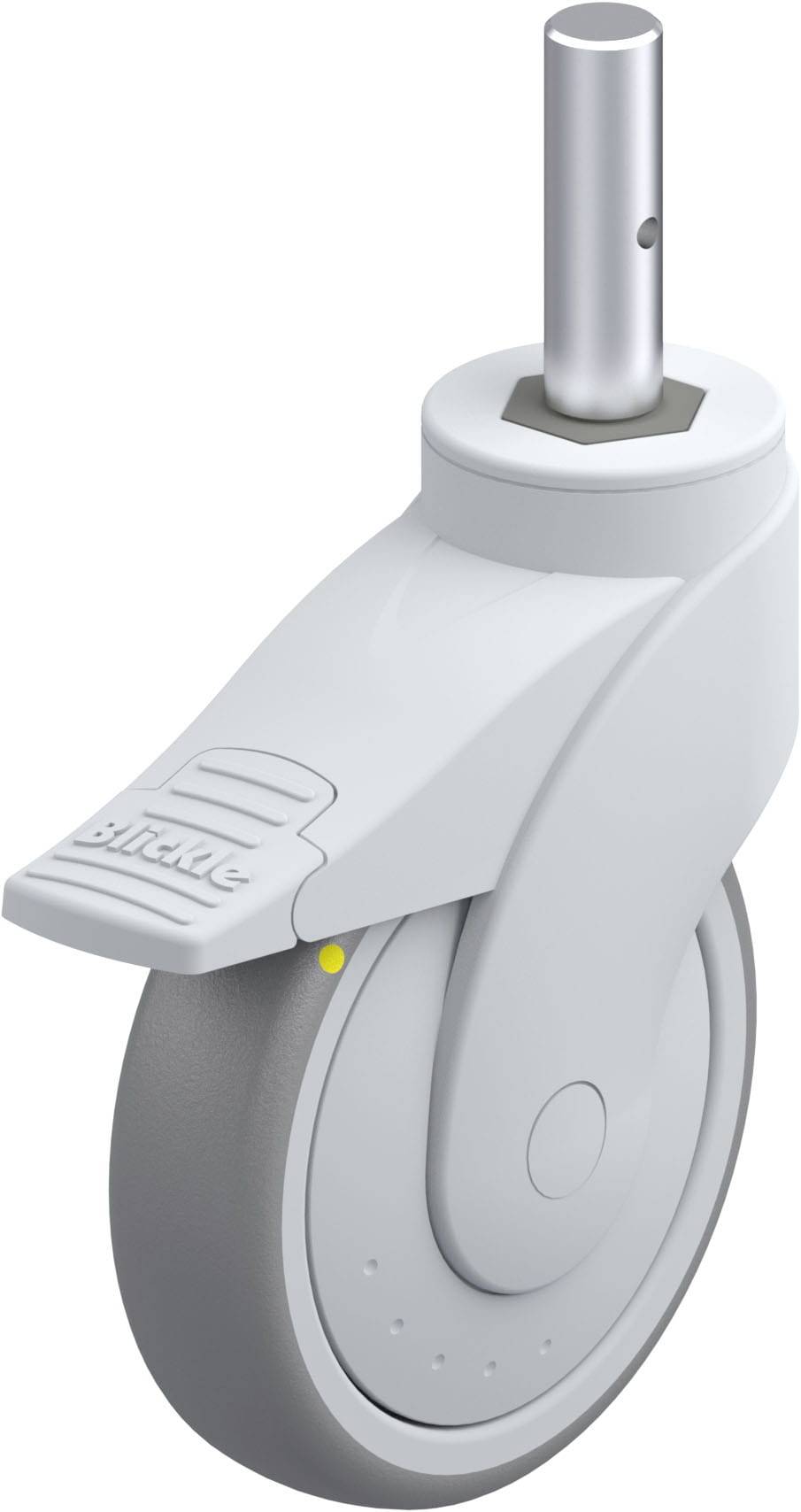 Kunststoffrolle mit Bremse und grauem Gummirad, geeignet für Möbel oder Geräte, zeigt montierte Position mit zylindrischem Stift.